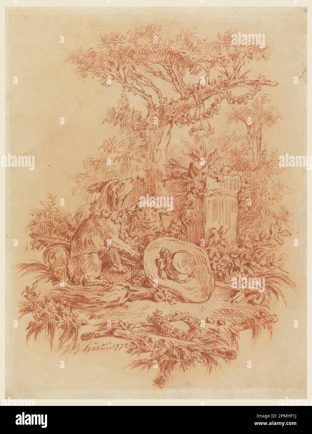 Dessin, Pastorale; Jean-Baptiste Huët (1745 – 1811); France; craie noire, sanguine sur papier crème; 25 x 19,3 cm (9 13/16 x 7 5/8 po) Banque D'Images