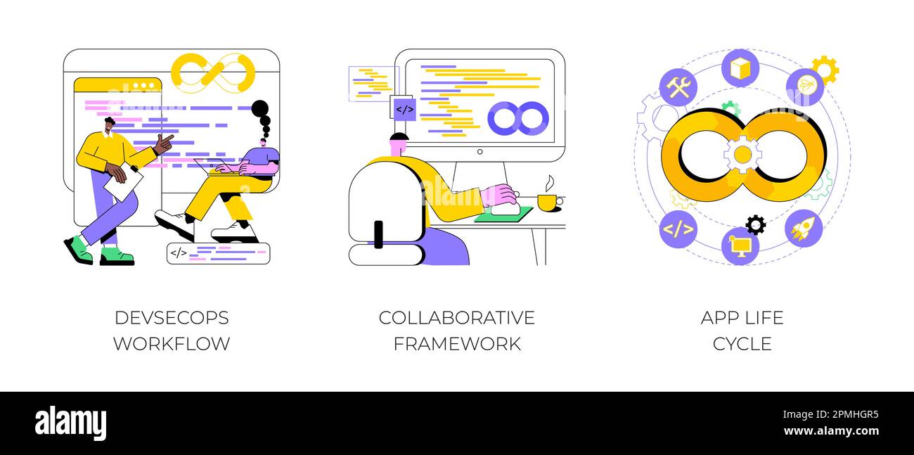 DevSecOps jeu d'illustrations vectorielles isolées de dessins animés. Divers collègues travaillant, projet INFORMATIQUE, flux de travail DevSecOps, structure collaborative, bulle du cycle de vie des applications, dessin animé vectoriel de développement logiciel. Illustration de Vecteur