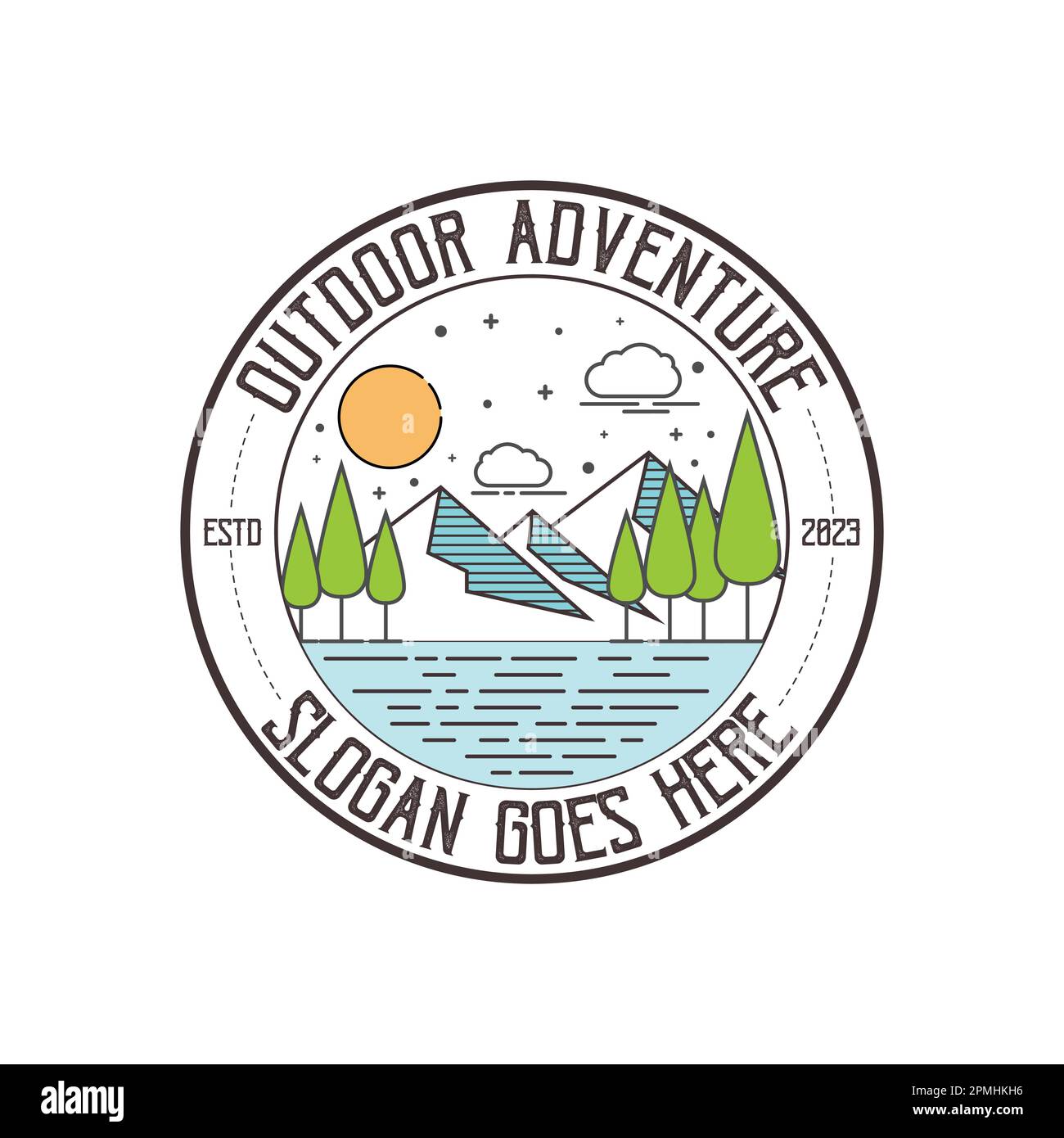 Modèle de logo d'aventure art de ligne vecteur eps 10. Logo vintage simple. Aventure en plein air, scène artistique de ligne, paysage de randonnée. Badge vecteur de stock. Illustration de Vecteur