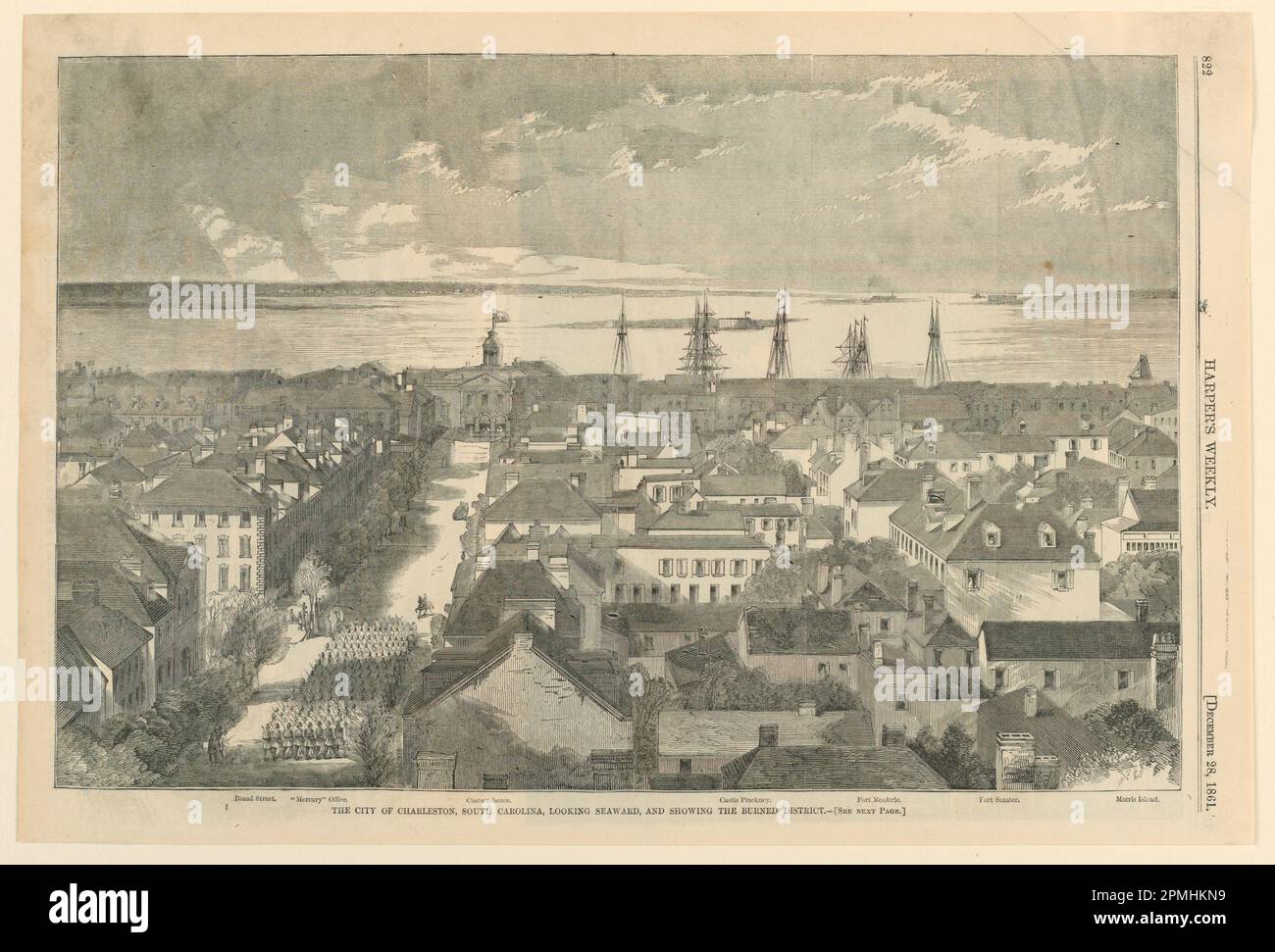 Imprimé, la ville de Charleston, Caroline du Sud, regardant Seward et montrant le quartier Burnt, de Harper's Weekly, 28 décembre 1861, p. 822.; Etats-Unis; encre noire à gravure sur bois sur papier journal; total: 26 x 38,7 cm (10 1/4 x 15 1/4 po.) Banque D'Images