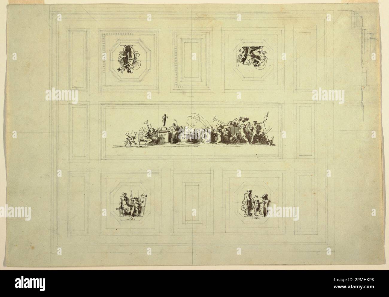 Dessin, plafond du Cabinet dédié à la paix, Palazzo Quirinale, Rome; Felice Giani (italien, 1758–1823); Italie ; stylo et encre gris foncé, pinceau et gris laver sur des lignes de craie noires sur du papier vélin clair verdâtre-beige. prise en charge : papier vélin beige clair ; 29 x 41,6 cm (11 7/16 x 16 3/8 pouces) Tapis : 40,6 x 55,9 cm (16 x 22 po) Banque D'Images