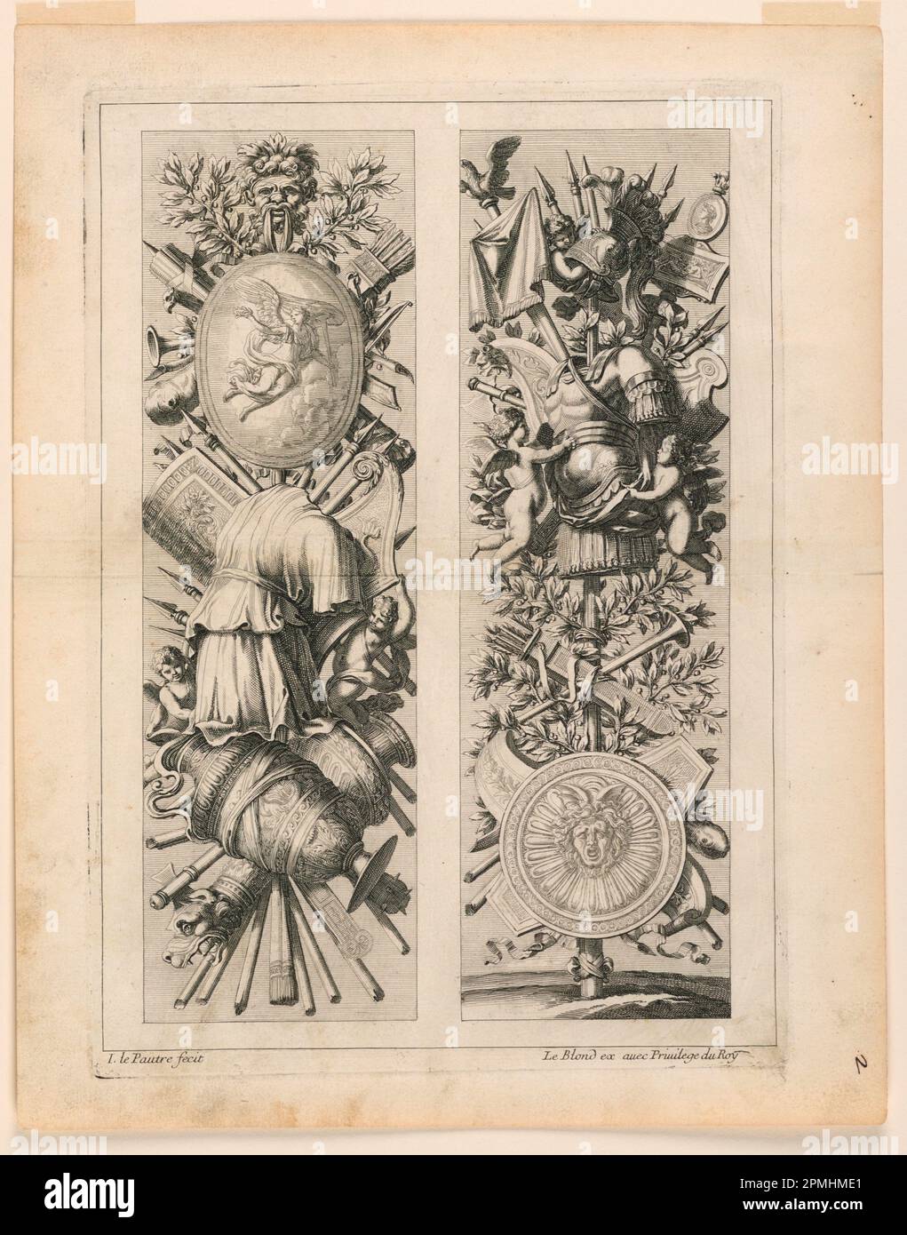 Imprimé, ensemble de trophées, de 'Trophey a l'Antique'; Imprimeur: Jean le Pautre (français, 1618–1682); France; gravure sur papier; assiette: 32,4 × 22,9 cm (12 3/4 po. × 9 po) Papier : 36,2 × 28,6 cm (14 1/4 × 11 1/4 po); 1919-32-1-2 Banque D'Images