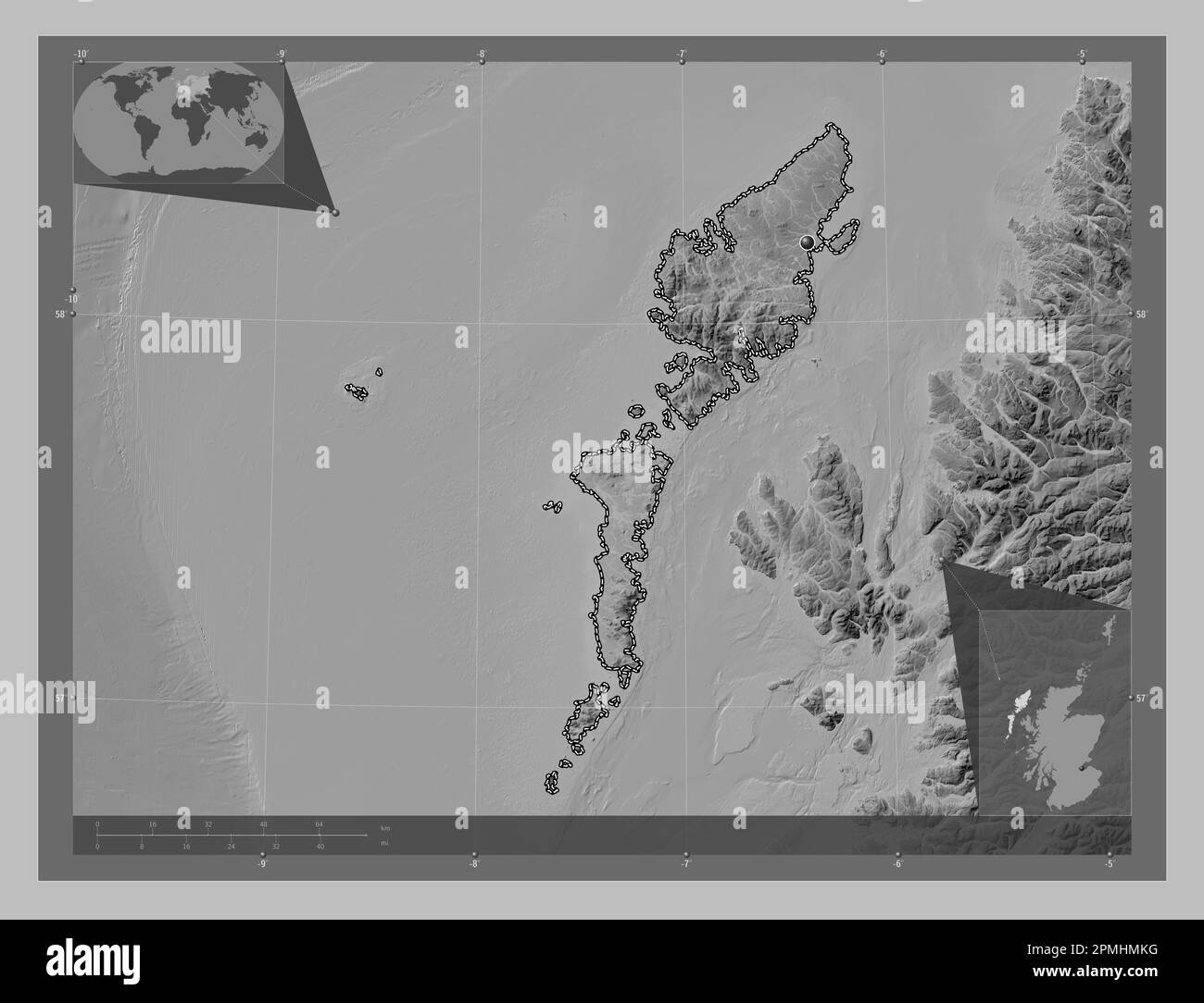 Na h-Eileanan Siar, région d'Écosse - Grande-Bretagne. Carte d'altitude en niveaux de gris avec lacs et rivières. Cartes d'emplacement auxiliaire d'angle Banque D'Images