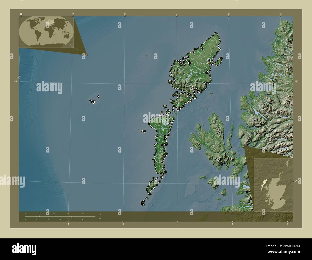 Na h-Eileanan Siar, région d'Écosse - Grande-Bretagne. Carte d'altitude colorée en style wiki avec lacs et rivières. Emplacements des principales villes du RE Banque D'Images