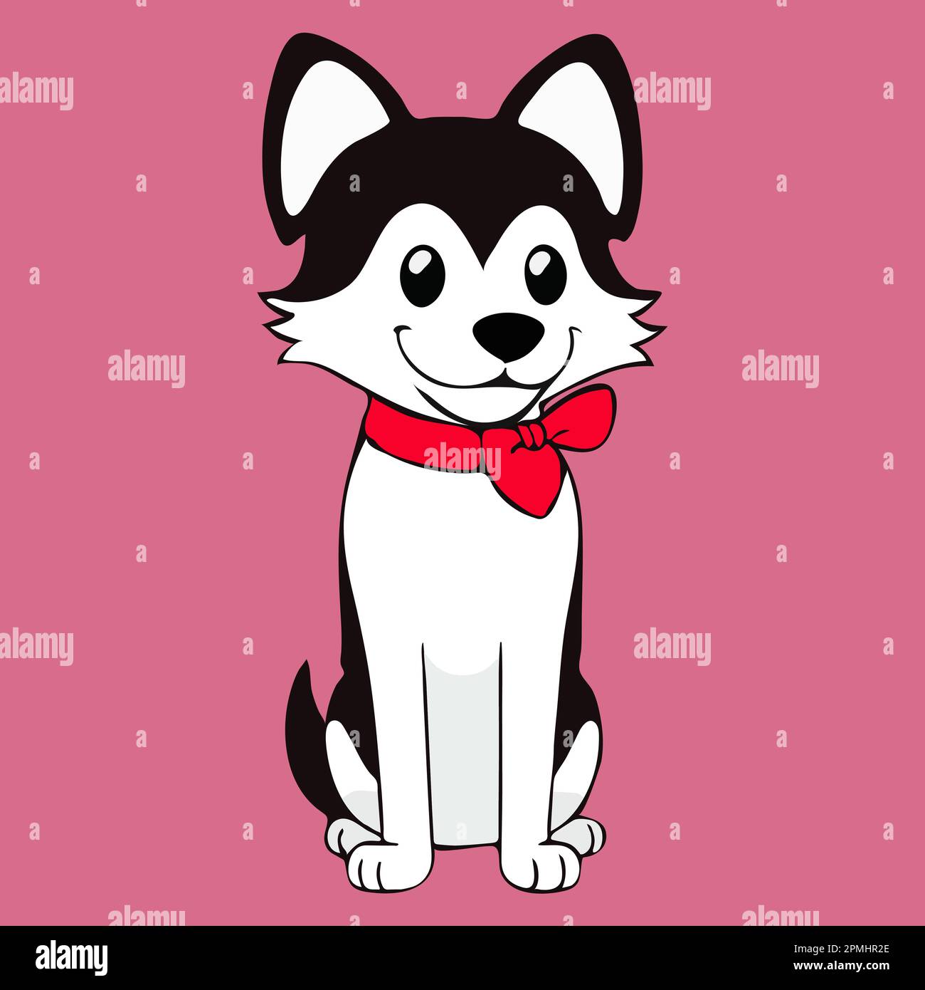 Joyeux chiot de dessin animé avec noeud papillon sur fond rose. Illustration du vecteur plat. Illustration de Vecteur