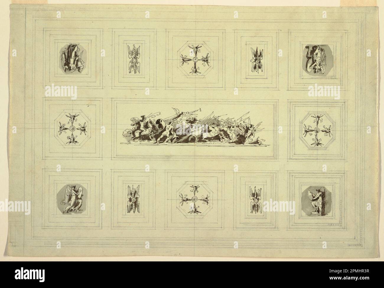 Dessin, armoire de plafond dédiée à la guerre, Palazzo Quirinale, Rome; Felice Giani (italien, 1758–1823); Italie ; stylo et encre gris foncé, brosse et lavage gris sur des lignes de craie noires sur du papier vélin beige clair ; 28,1 x 41,3 cm (11 1/16 x 16 1/4 po) Tapis : 40,6 x 55,9 cm (16 x 22 po) Banque D'Images