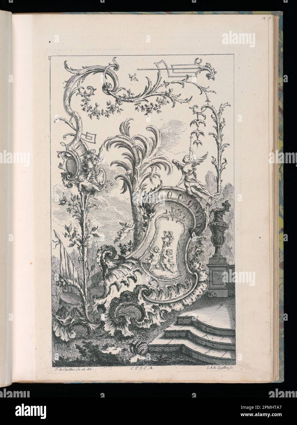 Impression liée, Design pour Cartouche avec Putti supporting Helmet, Livre Nouveau de Morceaux de Fantaisie (Nouveau livre de fantaisie); conçu par François de Cuvilliés l'Elder (belge, active Allemagne, 1695 - 1768); gravé par Carl Albert von Lespilliez (allemand, 1723 - 1796); Allemagne; gravure et gravure sur papier couché; gravure 38,9 x 25,4 cm (15 5/16 x 10 po) Marq. Plateau : 34,4 x 20,8 cm (13 9/16 x 8 3/16 po.) Banque D'Images