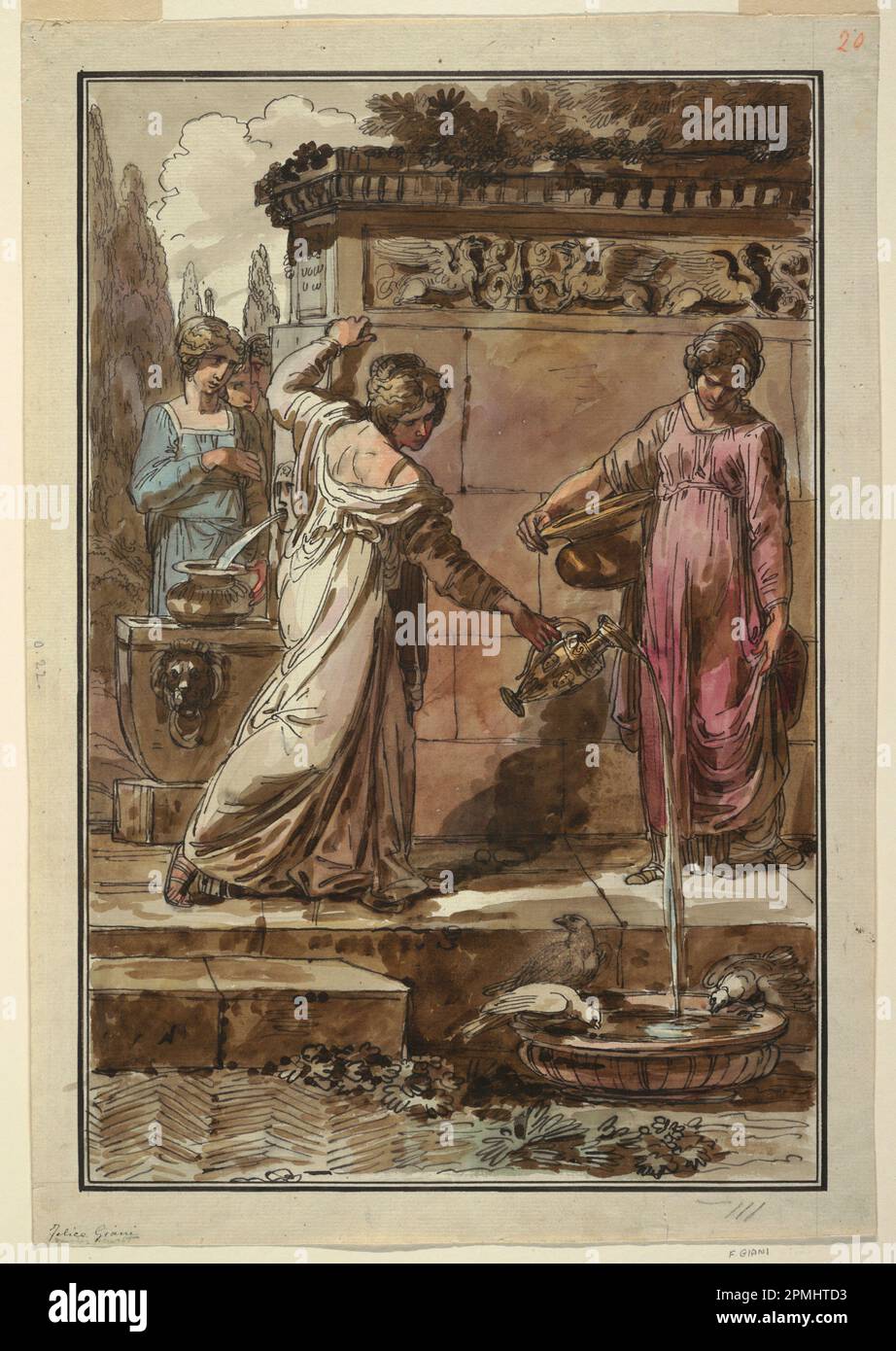 Dessin, cinq femmes à une fontaine; conçu par Felice Giani (italien, 1758–1823); Italie Banque D'Images