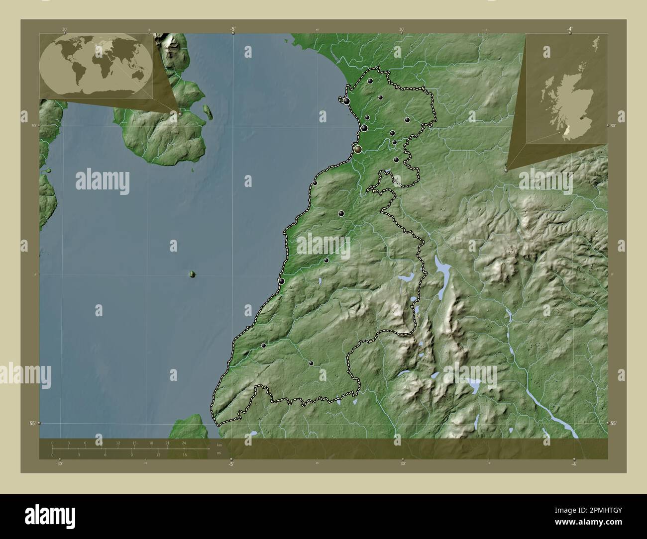 South Ayrshire, région d'Écosse - Grande-Bretagne. Carte d'altitude colorée en style wiki avec lacs et rivières. Lieux des principales villes de la région Banque D'Images