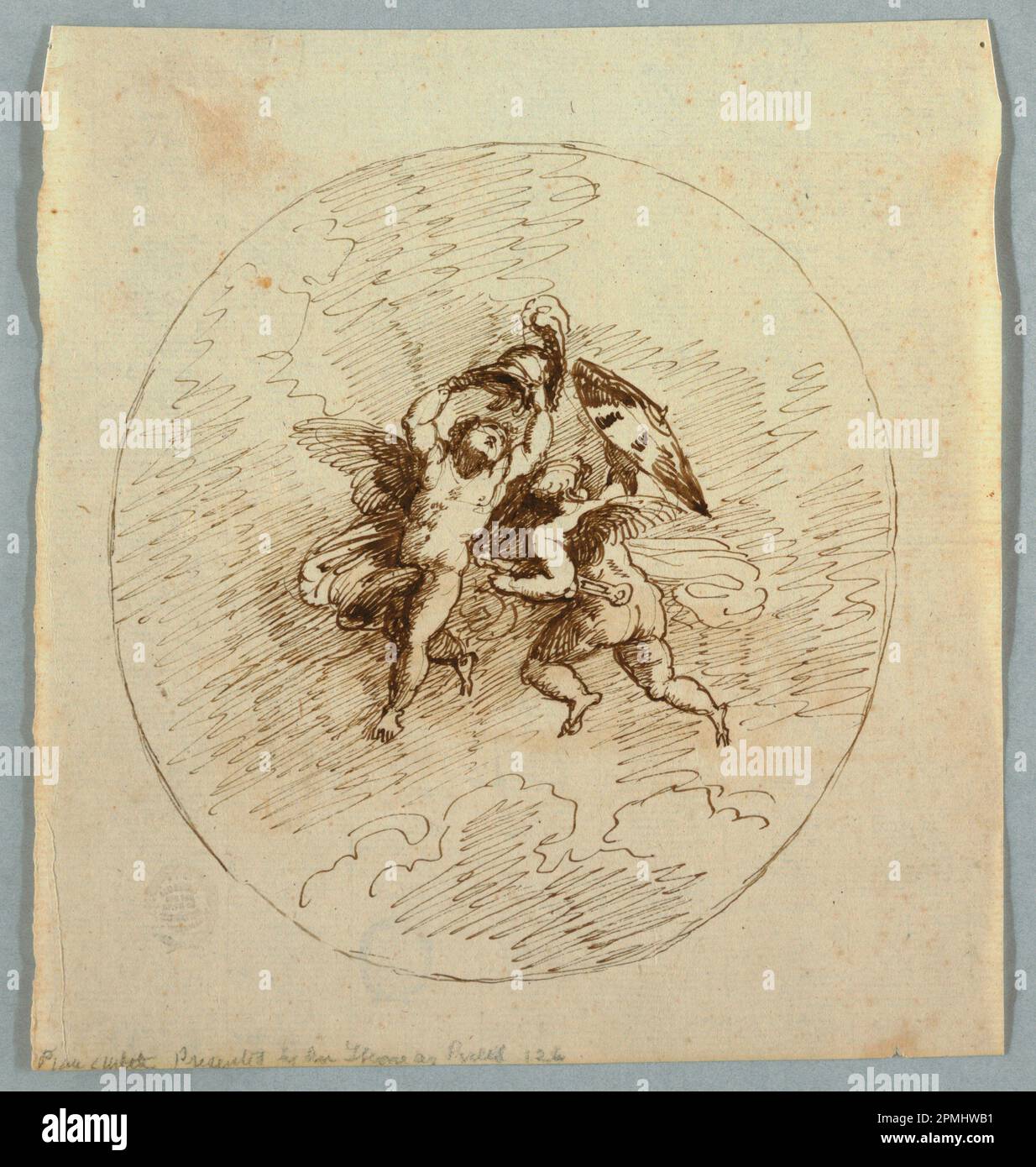 Dessin, deux Putti volant avec armes; Felice Giani (italien, 1758–1823); Italie; stylo et encre sur papier Banque D'Images