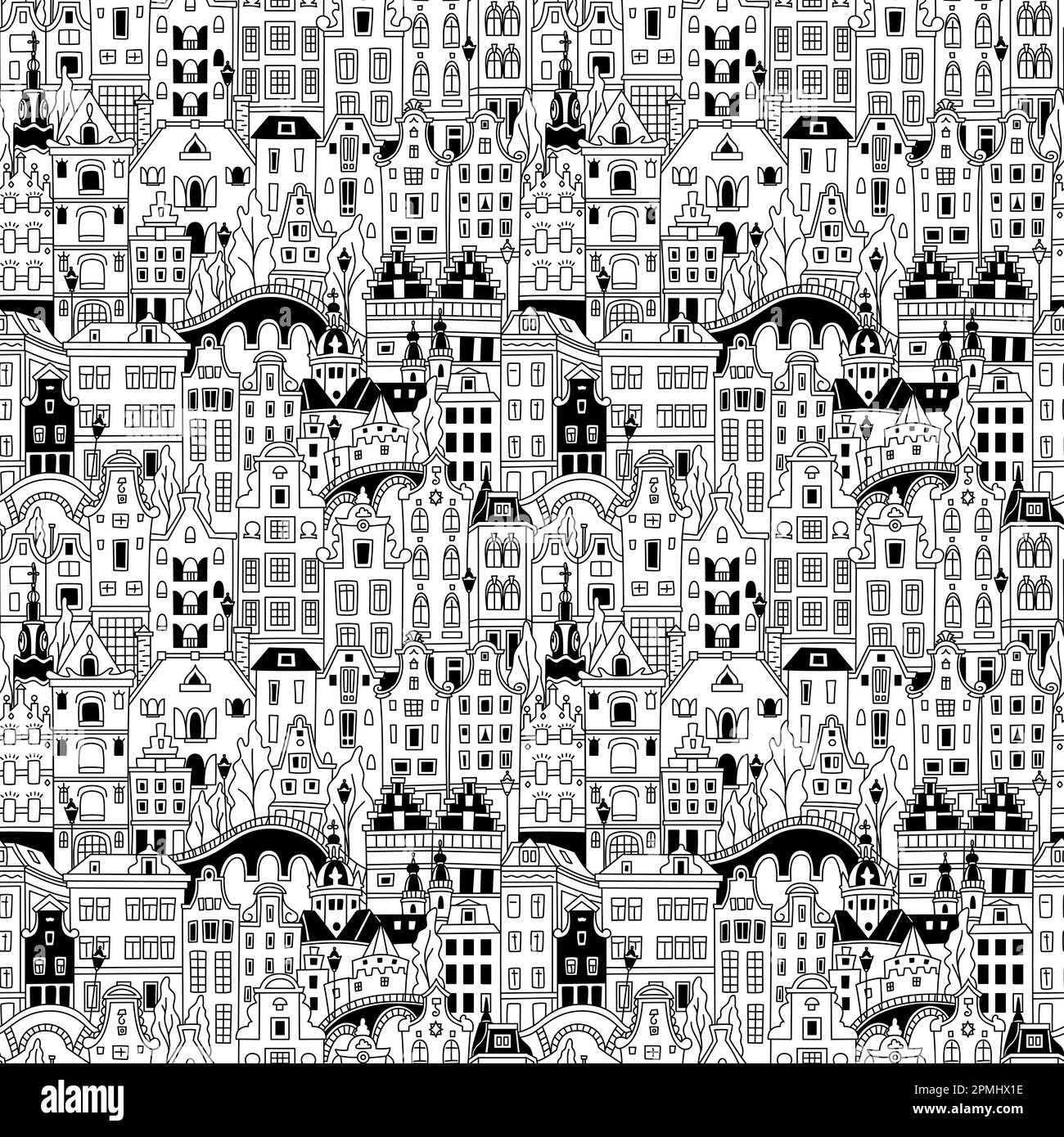 Motif noir et blanc sans couture avec canal d'Amsterdam et maisons hollandaises typiques, Hollande, pays-Bas. Illustration de Vecteur