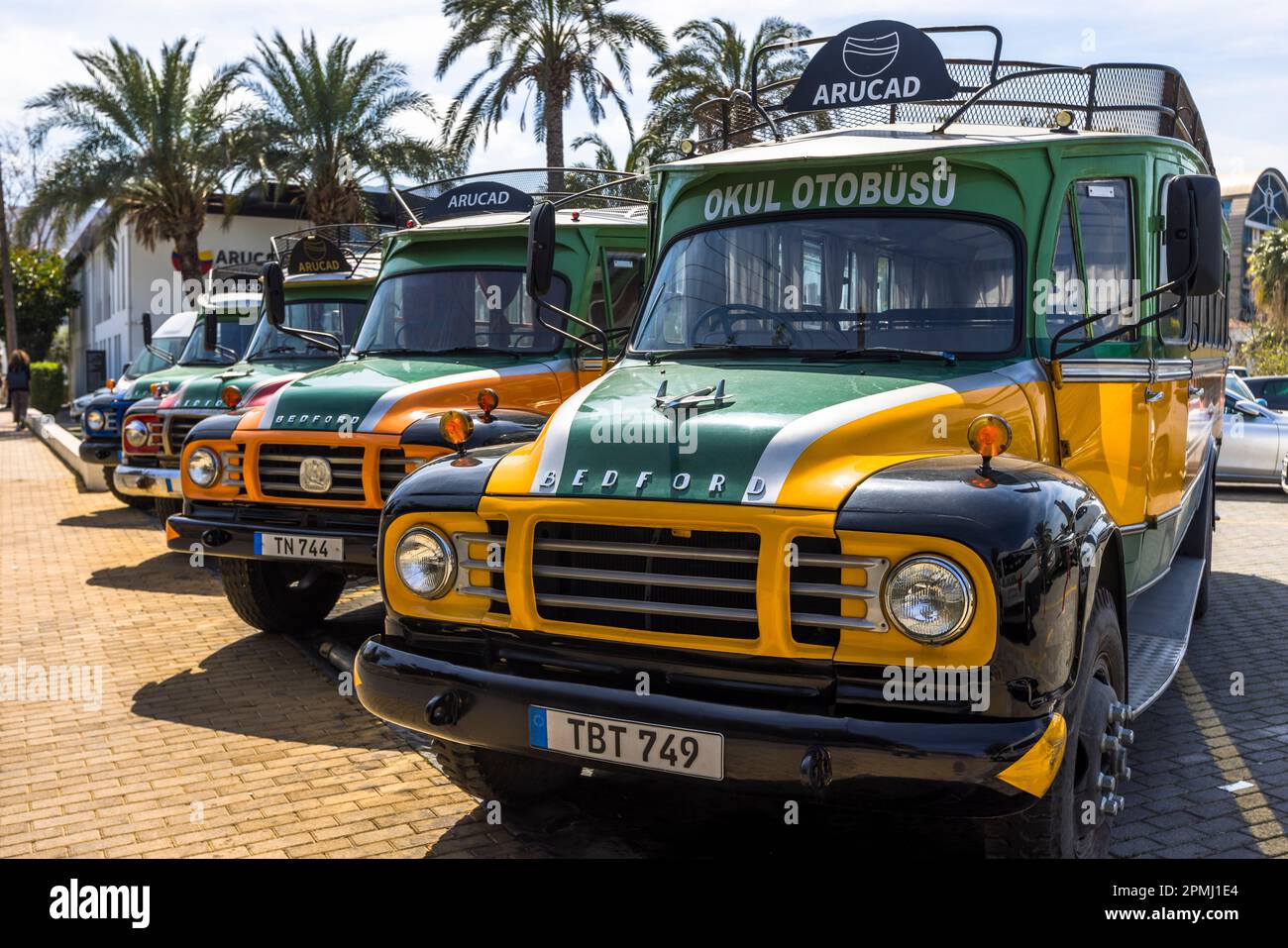 Des bus publics historiques et restaurés de la marque britannique Bedford, arborant la livrée vert et orange de l'Arkin University of Creative Arts and Design (ARUCAD), se dressent sous des palmiers à Kyrenia (turc : Girne), TRNC. Fondée en 2017 par le groupe Arkın, l'université est une institution thématique dédiée exclusivement à l'art, au design et à la communication. Banque D'Images