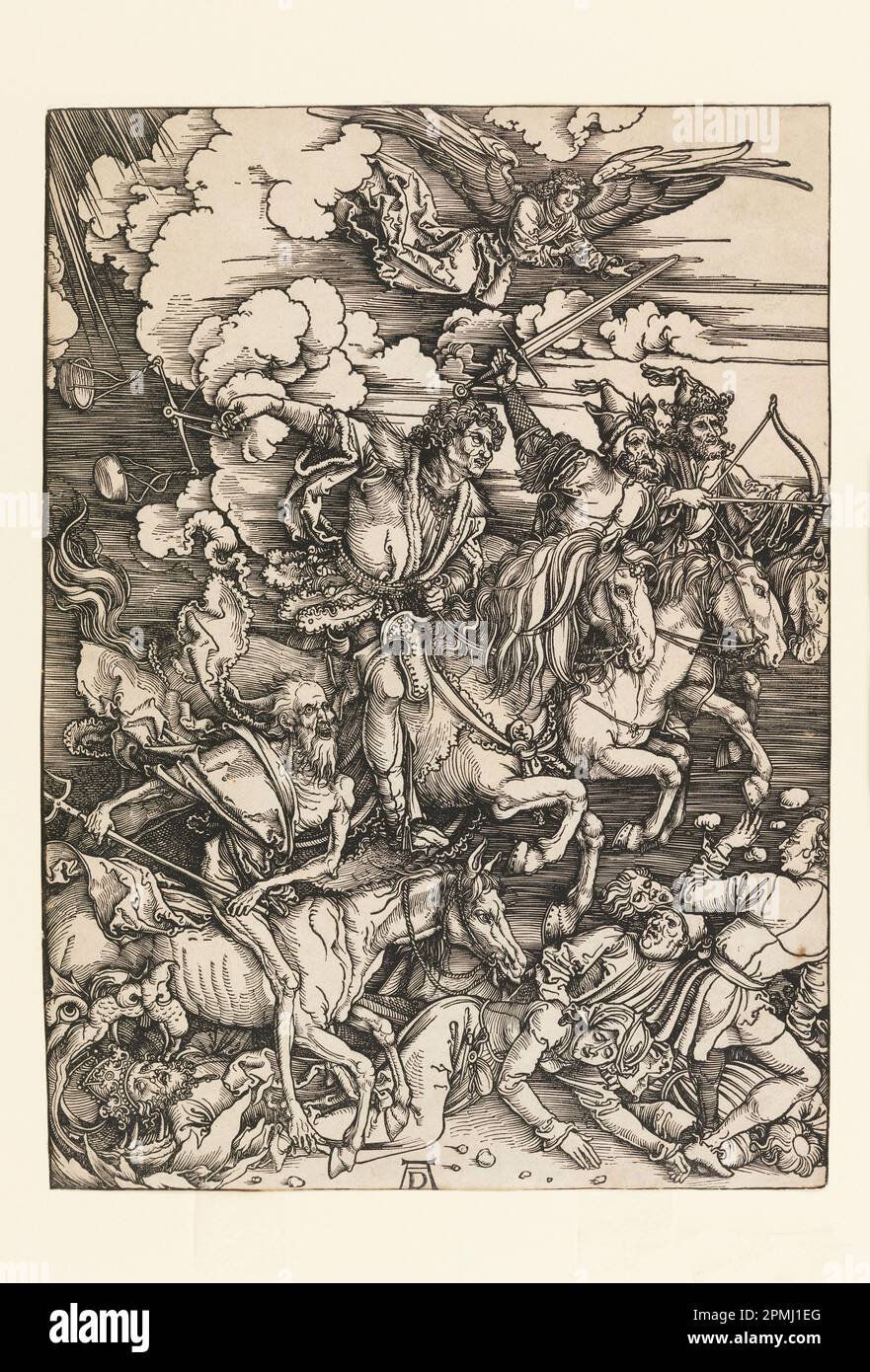 Imprimé, les quatre cavaliers de l'Apocalypse; Imprimeur: Albrecht Dürer (allemand, 1471–1528); Allemagne; coupe de bois sur papier blanc cassé; tapis: 56 x 40,7 cm (22 1/16 po. x 16 po) (irrégulier) : 38,3 x 27,8 cm (15 1/16 x 10 15/16 po) Banque D'Images