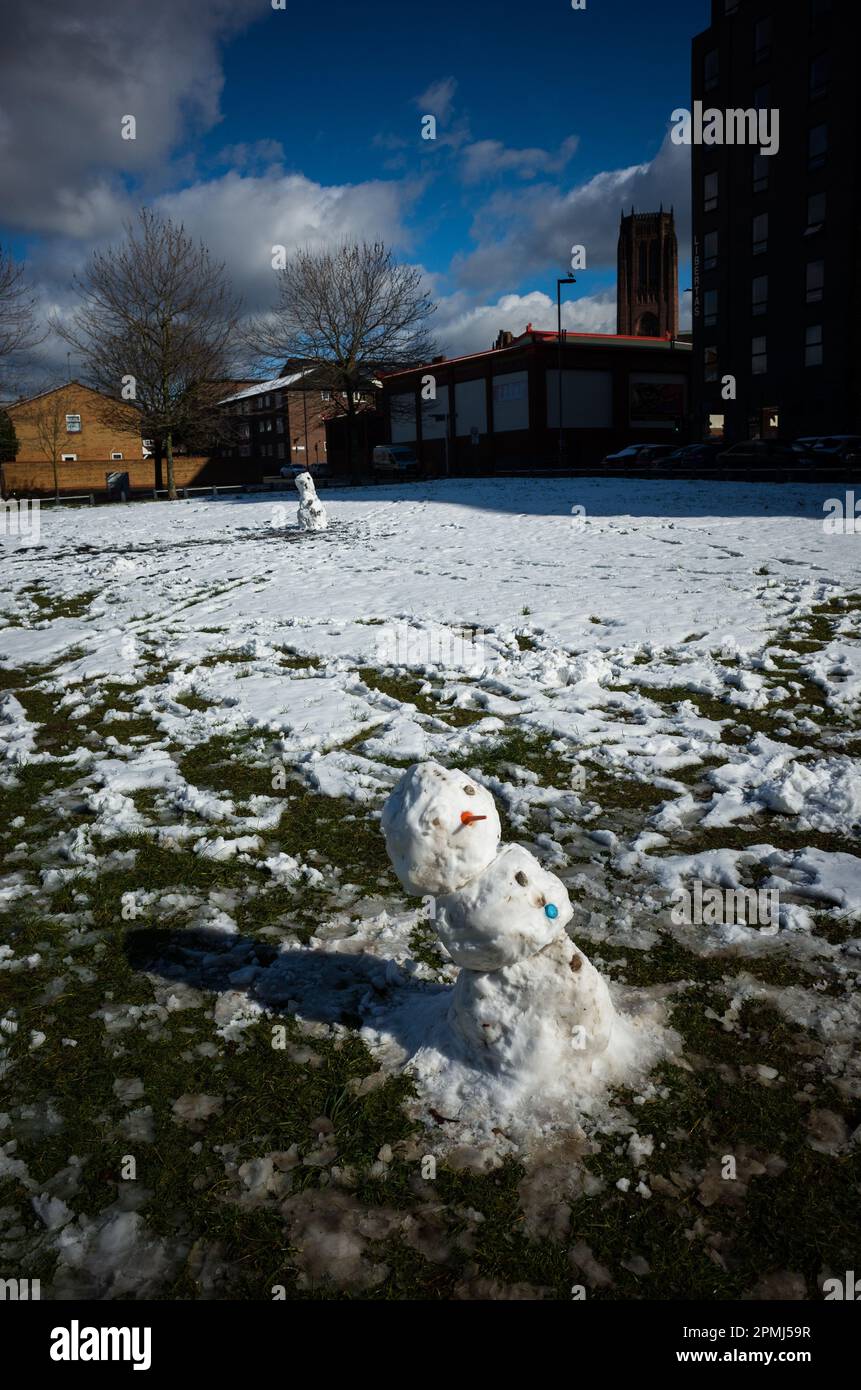 Bonhommes de neige sur un espace vert public à Liverpool avec la cathédrale anglicane en arrière-plan. Banque D'Images