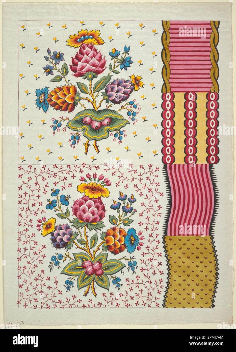 Dessin, dessin pour un textile; conçu par Louis-Albert DuBois (Suisse, 1752–1818); fabriqué pour fabrique de Fazy aux Bergues; Suisse; stylo et encre noire, pinceau et gouache et aquarelle, graphite, sur papier gris; 47,7 x 34,0 cm (18 3/4 x 13 3/8 po) Banque D'Images