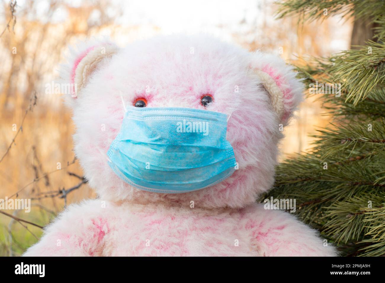 masque médical sur un ours en peluche en gros plan Banque D'Images