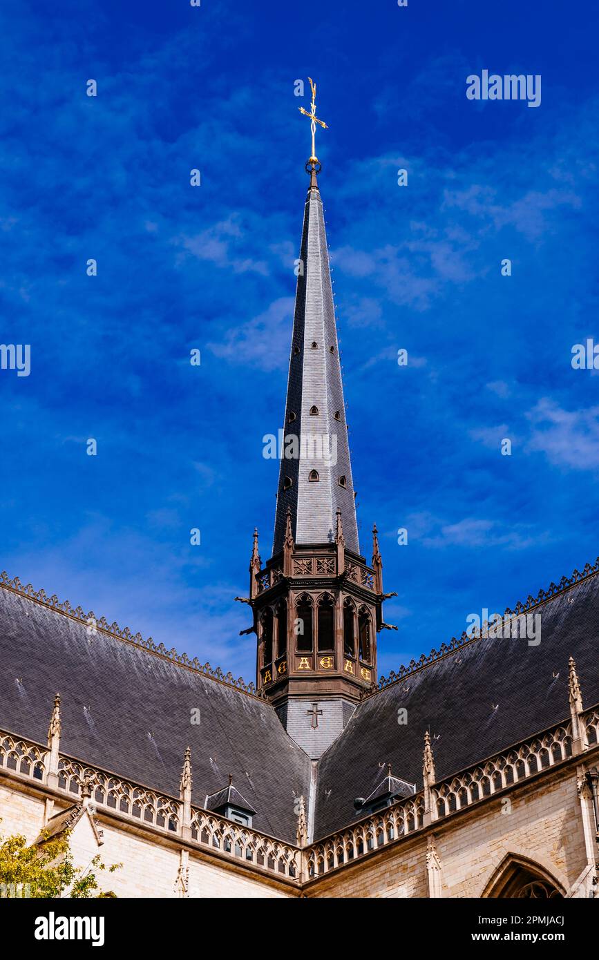 Détail de la flèche. L'église Saint-Pierre est une église catholique romaine construite au 15th siècle dans le style gothique brabantine. Louvain, Communauté flamande, Banque D'Images