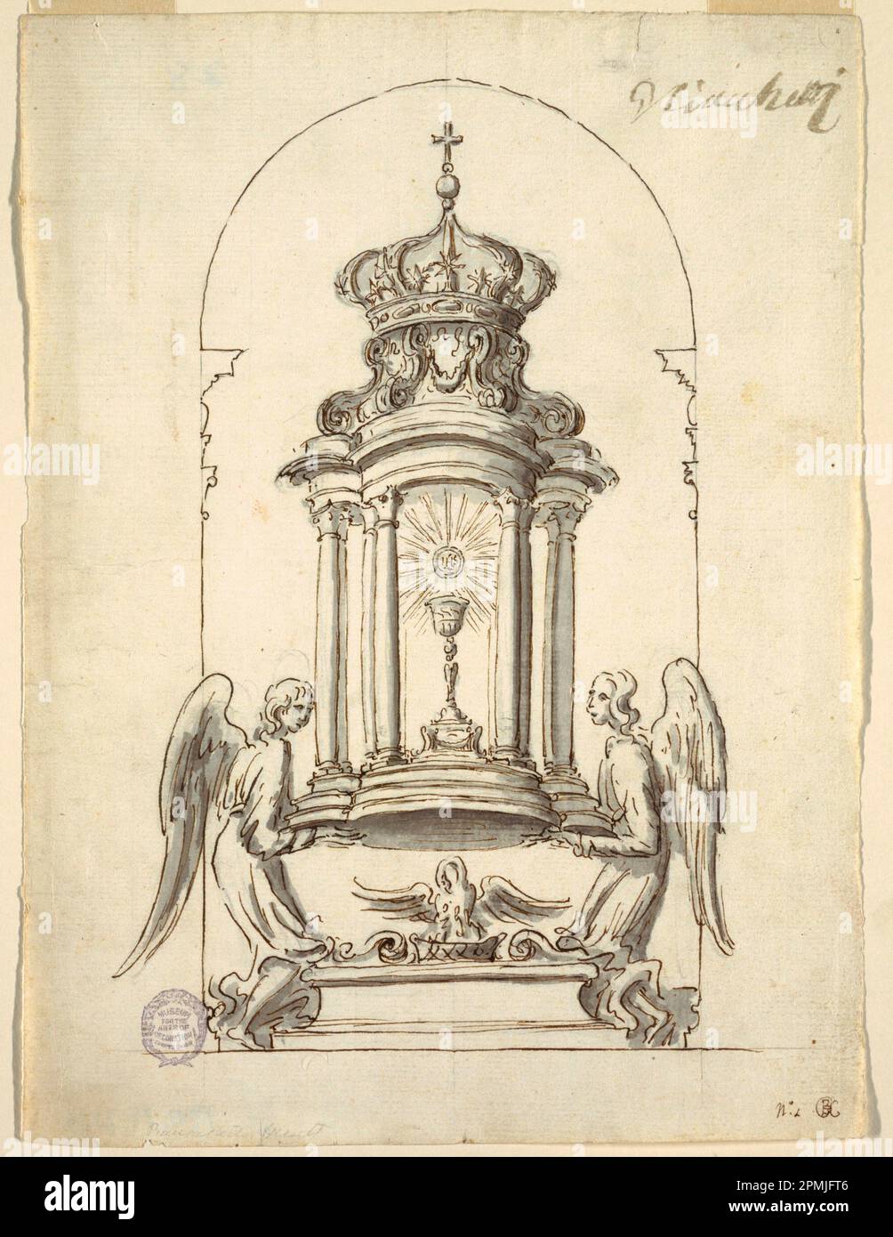 Dessin, dessin pour une porte de Tabernacle à exécuter en bronze; G B C; Italie; encre stylo et marron, pinceau et lavage gris, graphite sur papier; 27,1 x 20,2 cm (10 11/16 x 7 15/16 po.) Banque D'Images