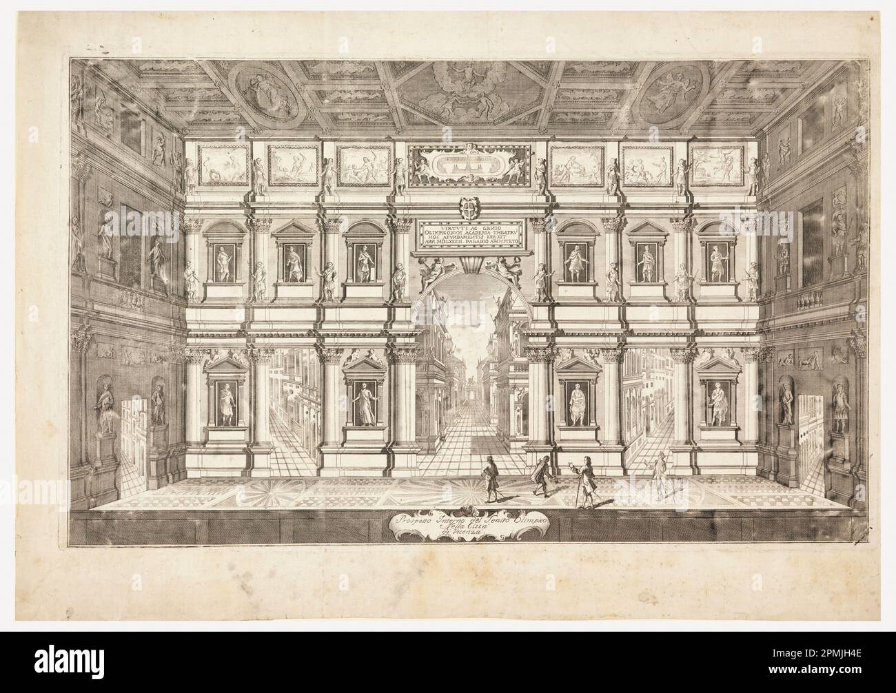 Imprimé, Prospetto Interno del Teatro Olimpico Nella Citta di Vincenza (vue de la scène du Teatro Olimpico à Vicenza); architecte: Andrea Palladio (italien, 1518–1580), Vincenzo Scamozzi; Italie; gravure sur papier crème; feuille: 45,2 x 64,2 cm (17 13/16 x 25 1/4 po) Marq. Plateau : 36,5 x 60,1 cm (14 3/8 x 23 11/16 po.) Banque D'Images