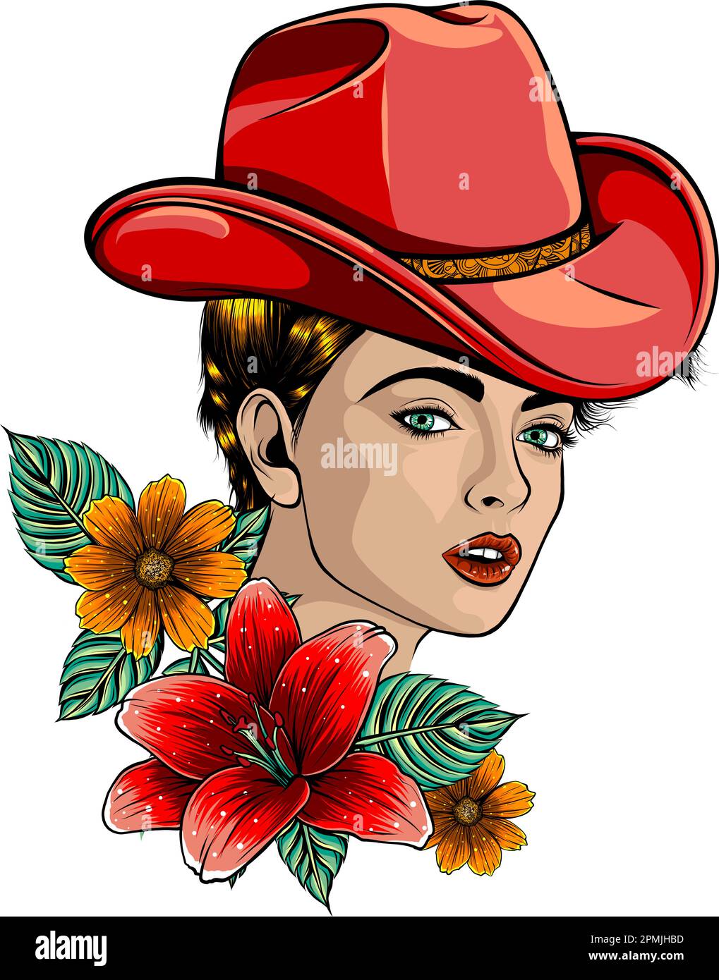 Femme avec un chapeau de cow-boy. Illustration vectorielle dessinée à la main sur fond blanc Illustration de Vecteur
