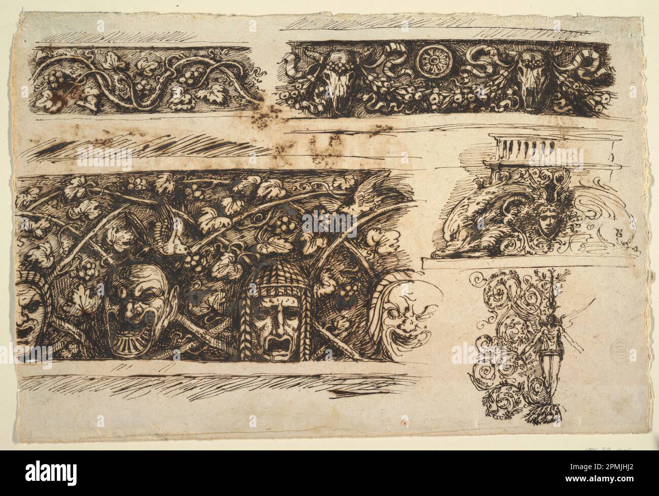 Dessin, trois frises; Une base; une ornement; conçu par Felice Giani (italien, 1758–1823); Italie; stylo et encre marron foncé sur papier coudé; 43,5 x 29,5 cm (17 1/8 x 11 5/8 po) Banque D'Images