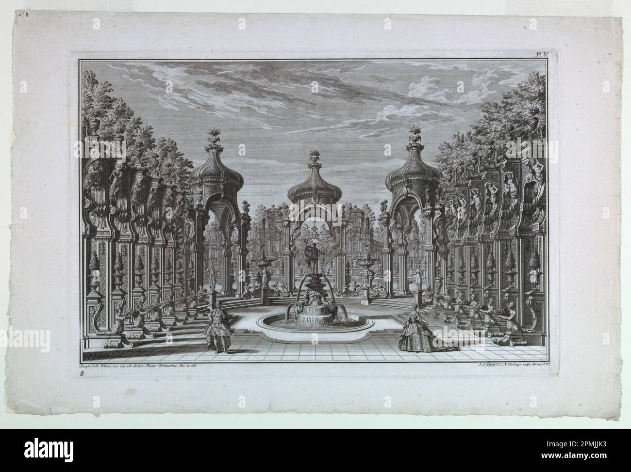 Imprimé, Stage Design: Scène de jardin avec fontaine, planche 8, partie 5, de 'Architeture e Prospettive dedicate alla Maestà di Carlo Sesto'; Imprimeur: Johann Andréas Pfeffel (allemand, 1674–1748); d'après Giuseppe Galli Bibiena (italien, 1696–1756); Allemagne; gravure sur papier blanc; 42,3 x 64,7 cm (16 5/8 x 25 1/2 po) Banque D'Images