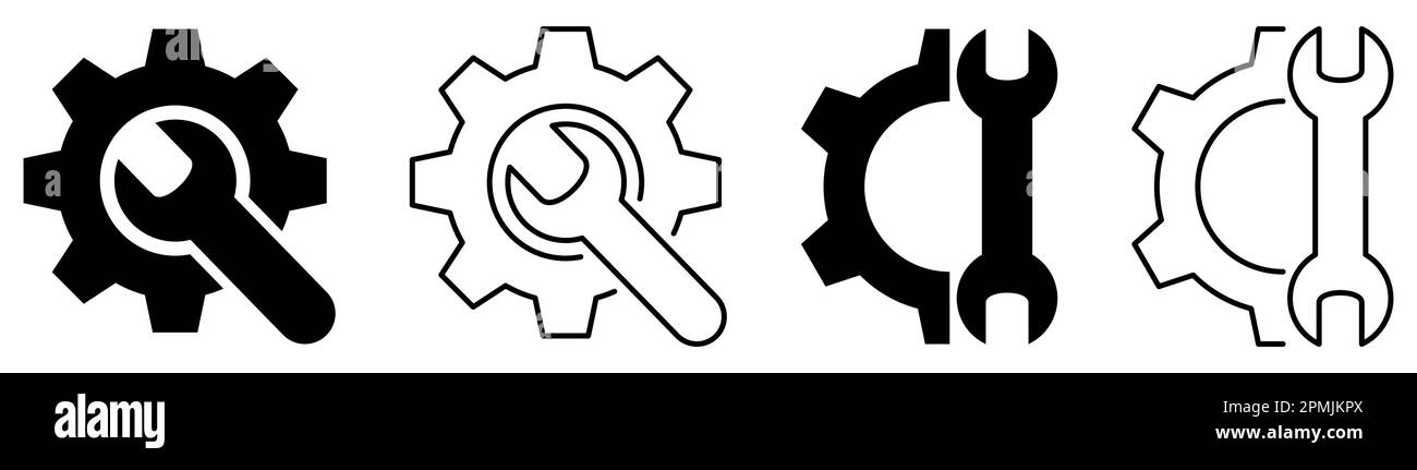 Jeu d'icônes de clé et d'engrenage. Outils d'entretien. Illustration vectorielle isolée sur fond blanc Illustration de Vecteur