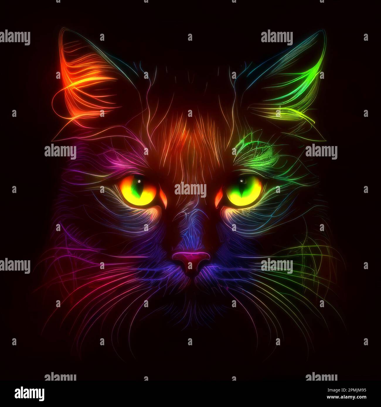 Illustration d'une tête de chat moderne et abstraite avec des lumières au néon brillant sur un fond noir, créant un effet dynamique et énergique. Banque D'Images