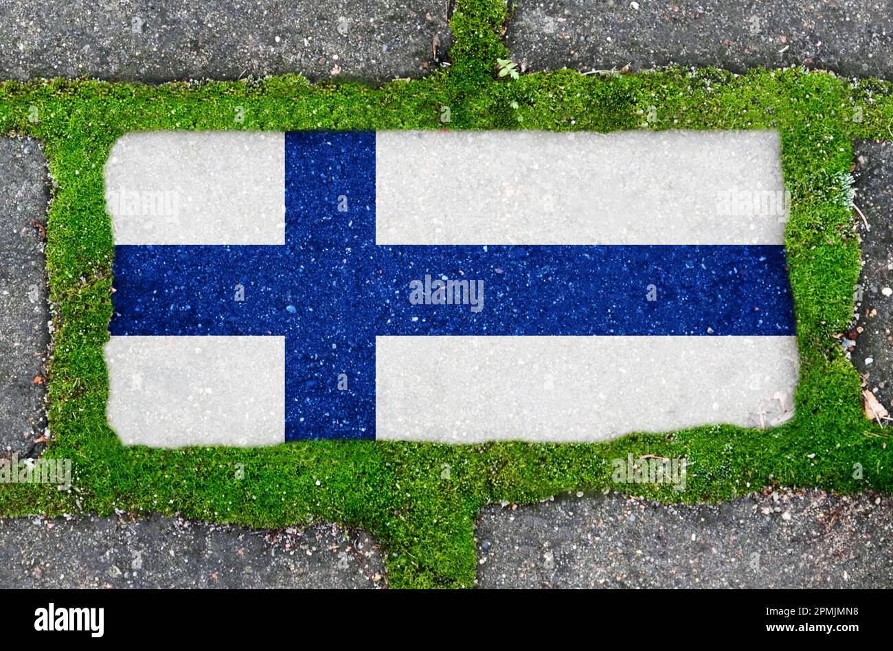 Concept écologique. Sur le trottoir en mousse verte, pavant des dalles avec l'image du drapeau de la Finlande. Banque D'Images