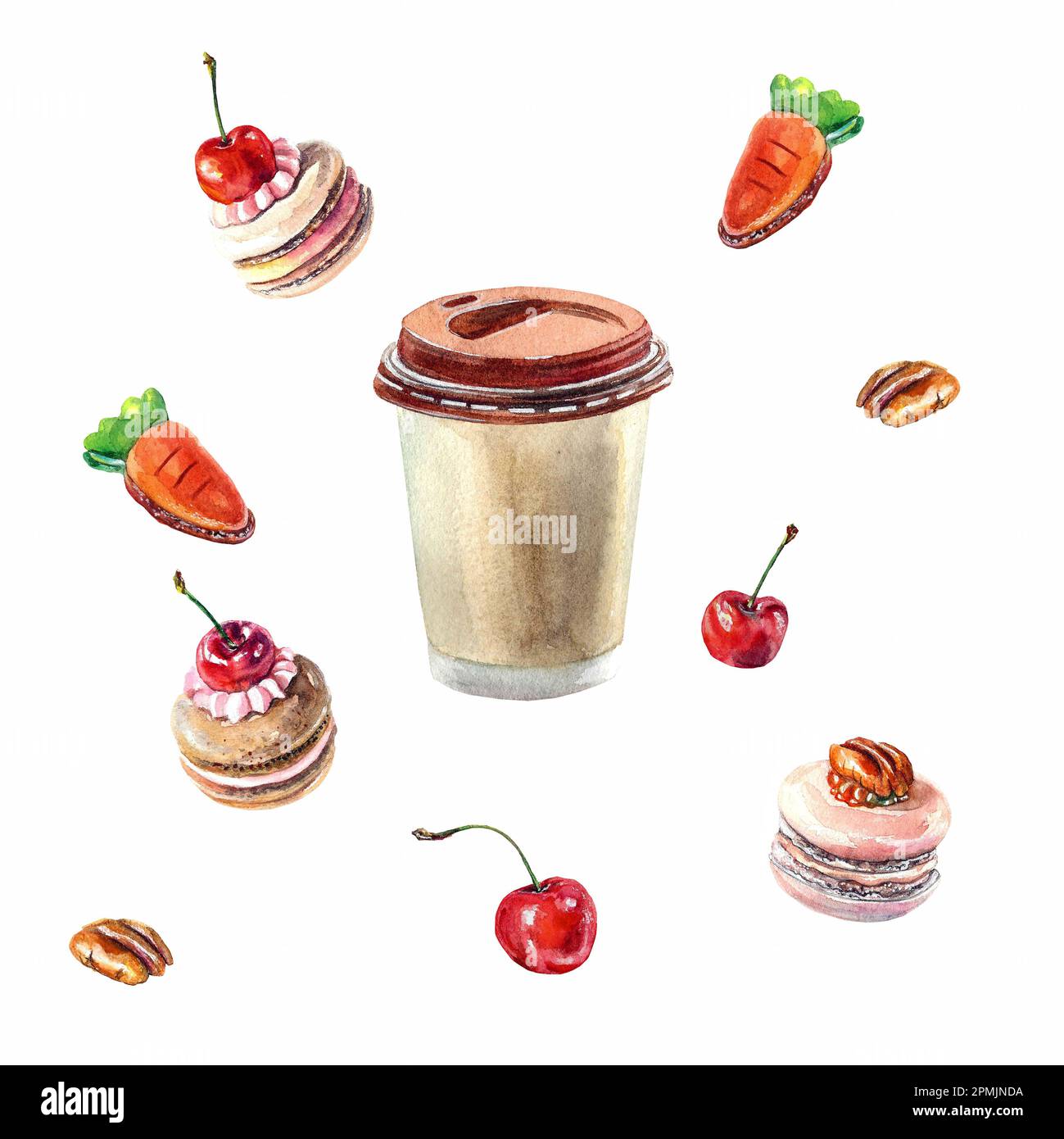 Coupe en papier avec café, macarons, cerises, pacanes isolés sur fond blanc. Boissons et bonbons, clipart. Illustration aquarelle. Cartes postales, invita Banque D'Images