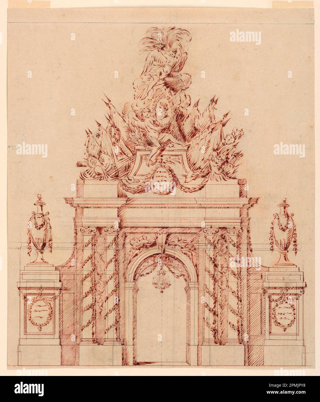 Dessin, dessin pour une décoration peinte en l'honneur d'un général français qui avait été gouverneur d'un prince héritier; cercle de Charles Nicolas Cochin le plus jeune (1715 - 1790); France; stylo et encres noir/rouge, graphite sur papier peint; 35,9 × 30,8 cm (14 1/8 × 12 1/8 po.) Banque D'Images Dessin, dessin pour une décoration peinte en l'honneur d'un général français qui avait été gouverneur d'un prince héritier; cercle de Charles Nicolas Cochin le plus jeune (1715 - 1790); France; stylo et encres noir/rouge, graphite sur papier peint; 35,9 × 30,8 cm (14 1/8 × 12 1/8 po.) Banque D'Images