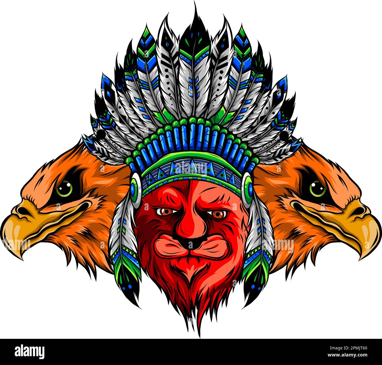 Lion dans le cafard indien coloré. Adresse en plumes indiennes d'aigle sur fond blanc Illustration de Vecteur Lion dans le cafard indien coloré. Adresse en plumes indiennes d'aigle sur fond blanc Illustration de Vecteur