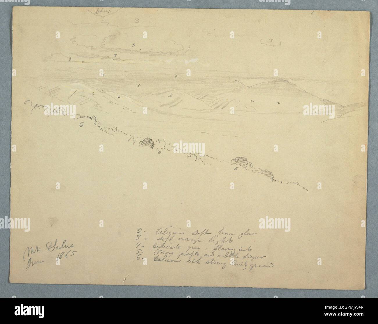 Dessin, vue du mont Salus, Jamaïque; église Frédéric Edwin (américaine, 1826–1900); Jamaïque; graphite sur papier crème; feuille: 24 x 30,7 cm (9 7/16 x 12 1/16 po.) Banque D'Images