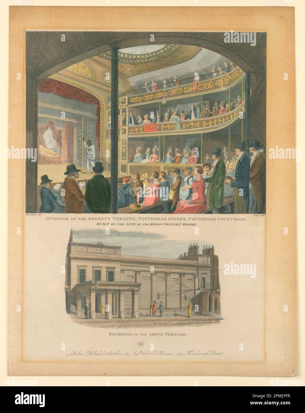 Vues imprimées, intérieures et extérieures du Regency Theatre, Tottenham Street, Londres; conçu par Jacob C. Schnebbelie (1760–1792); gravé par Thomas Cook (1744–1818); Angleterre; gravure, couleur main Banque D'Images