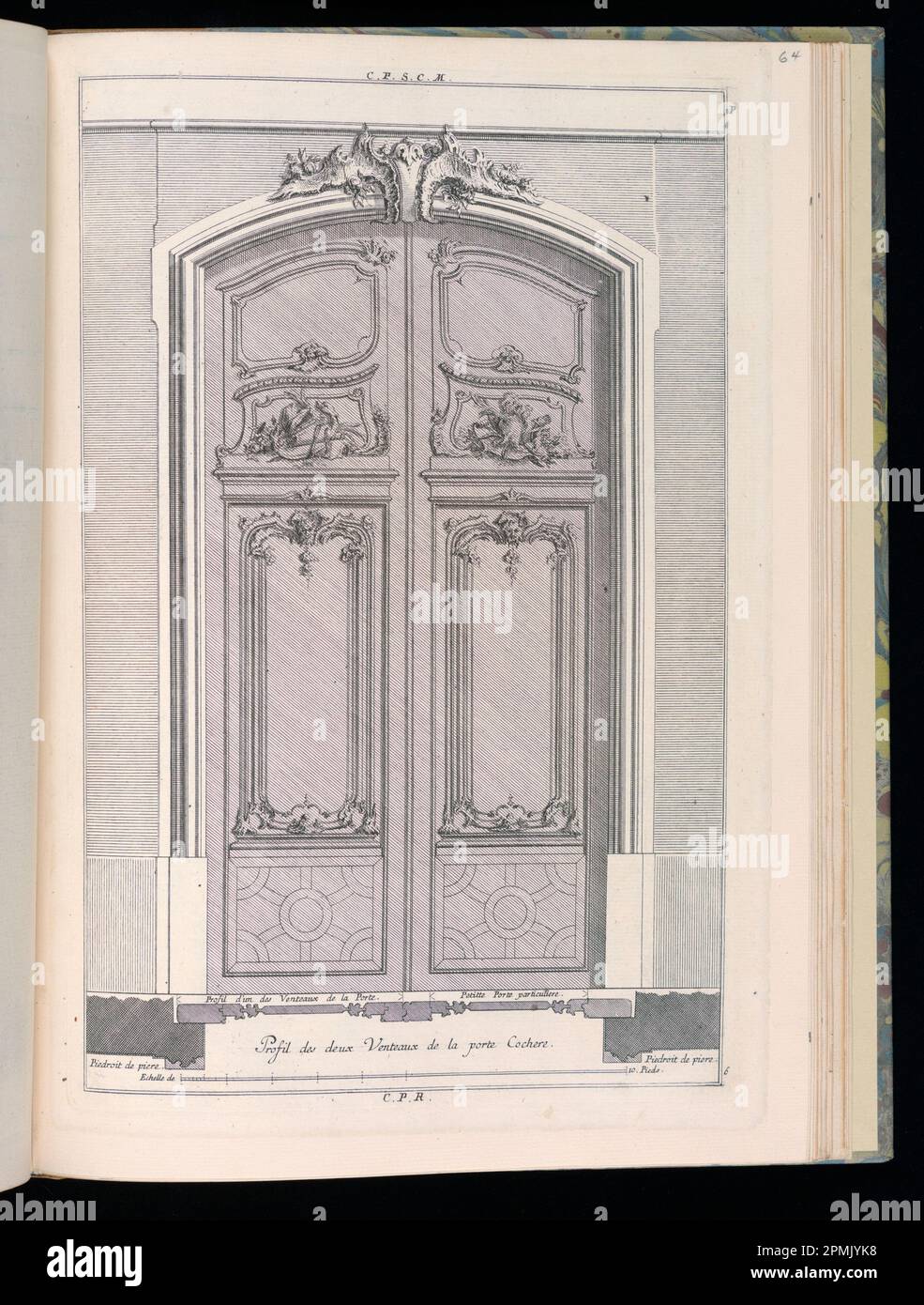 Bound Print, profil de deux Venteaux de la porte Cochree; conçu par François de Cuvilliés The Elder (belge, active Allemagne, 1695 - 1768); Imprimeur: Carl Albert von Lespilliez (allemand, 1723 - 1796); publié par Nicolas Jean Baptiste de Poilly (France, 1712 - ca. 1758); Allemagne; gravure sur papier Banque D'Images