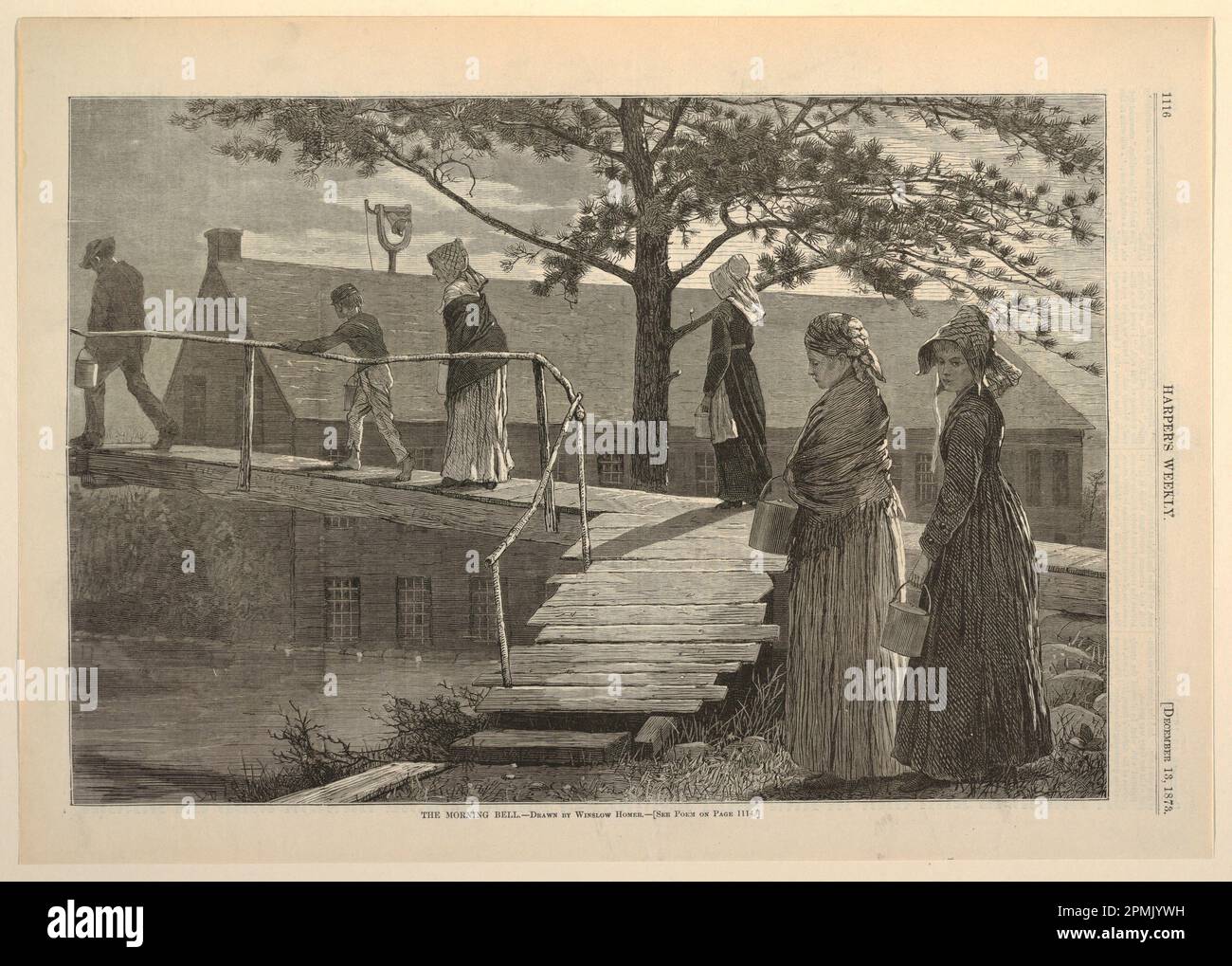 Print, The Morning Bell, de Harper's Weekly, 13 décembre 1873, P. 1116.; Winslow Homer (américain, 1836–1910); États-Unis; gravure de bois à l'encre noire sur papier journal.; hors tout: 27,9 x 39,3 cm (11 x 15 1/2 po.) Banque D'Images