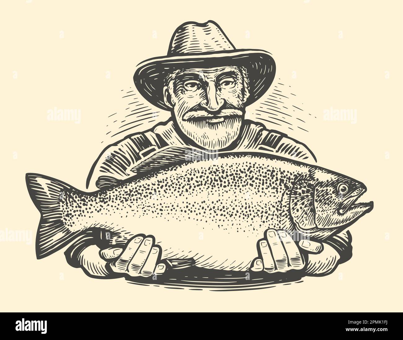 Joyeux vieux pêcheur dans un chapeau tenant un gros poisson. Concept de pêche, illustration vectorielle d'esquisse Illustration de Vecteur