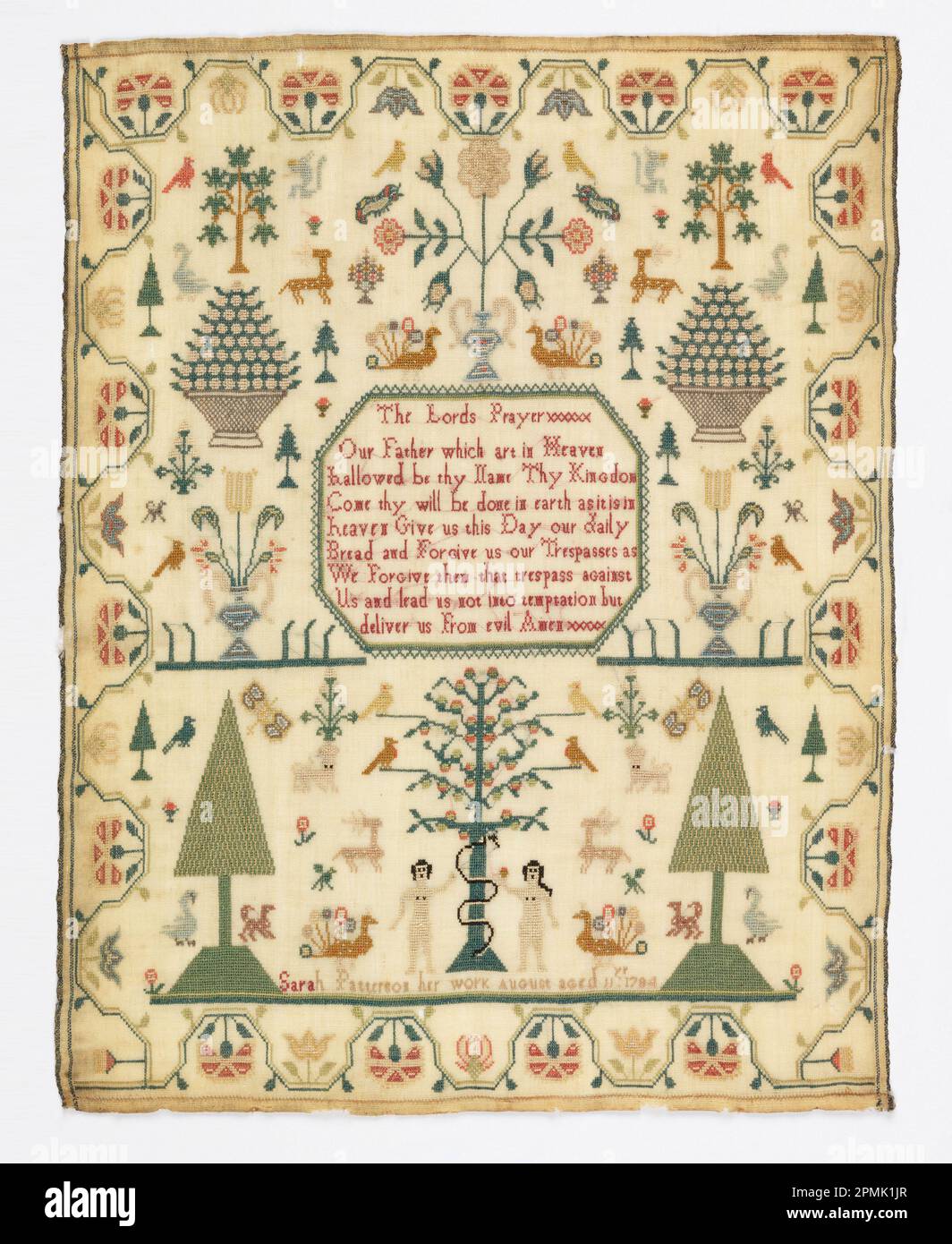Sampler (Angleterre); brodé par Sarah Patterson (anglais, né en 1773); broderie de soie sur la fondation de laine Banque D'Images