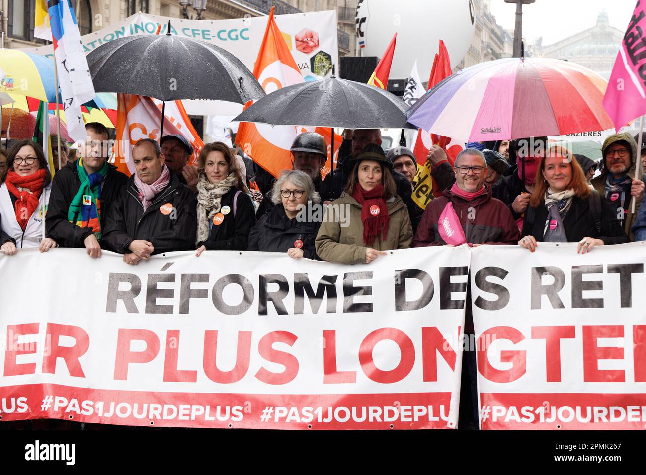 Paris, France. 13th avril 2023. Benoît teste (FSU), Laurent Berger (CFDT), Sophie Binet (CGT) et Murielle Guilbert (solidaires) Banque D'Images