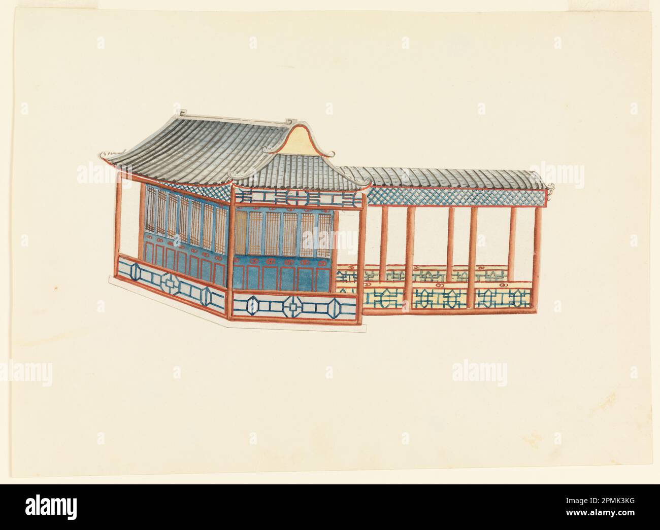 Dessin, pavillon de la Chinoiserie; conçu par Frederick Crace (anglais, 1779–1859); Angleterre; pinceau et aquarelle, stylo et encres colorées, graphite sur papier vélin blanc Banque D'Images