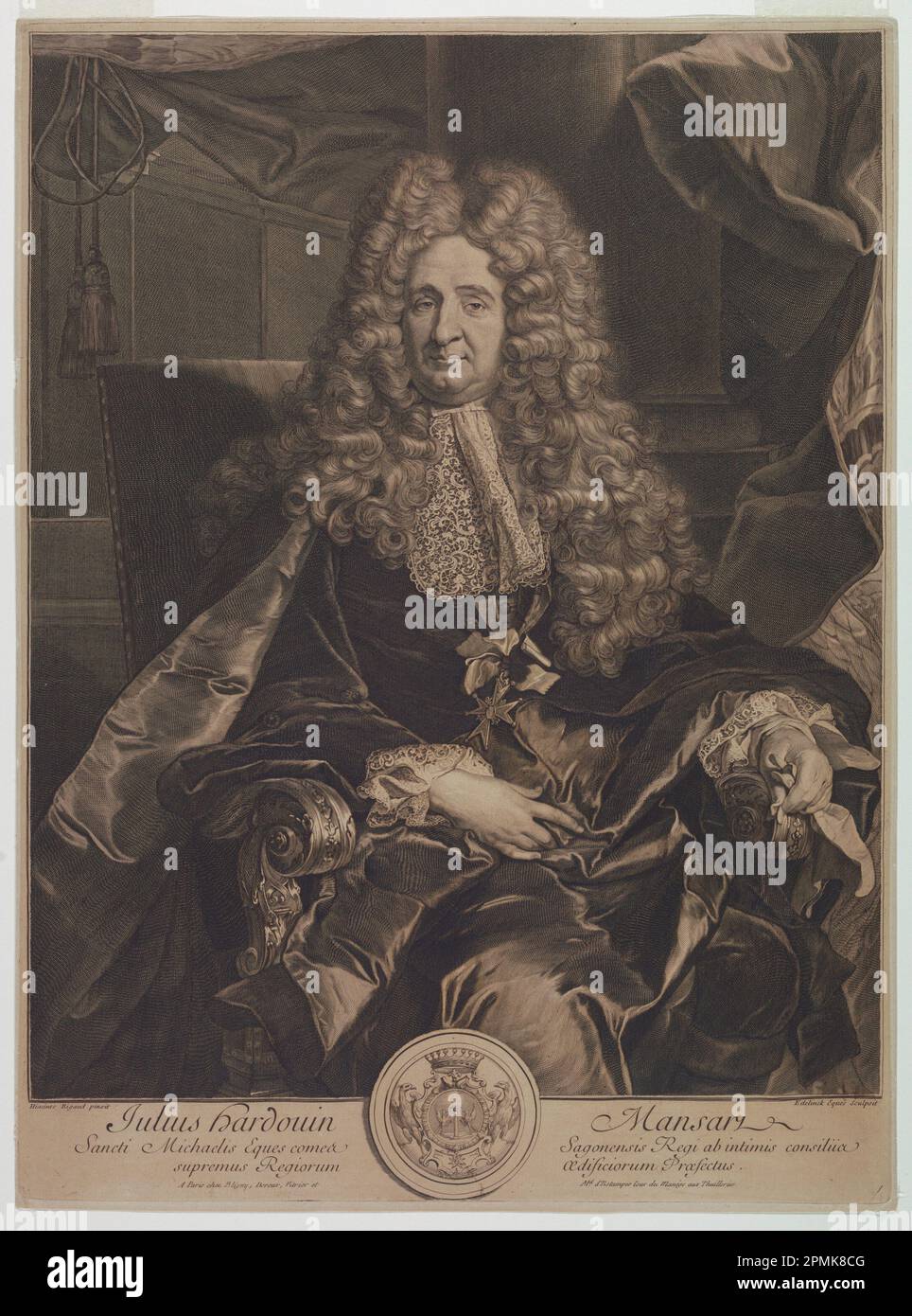 Imprimé, Portrait de Jules-Hardouin Mansart (1646-1708), 1704-1706; Imprimeur: Gerard Edelinck (flamand, actif en France, 1640/41 - 1707); d'après Hyacinthe Rigaud (français, 1659 - 1743); France; gravure sur papier; plaque: 51,5 × 37,8 cm (20 1/4 × 14 7/8 po) Papier : 51,6 × 38,1 cm (20 5/16 po. × 15 po); legs de George Campbell Cooper; 1896-3-219 Banque D'Images