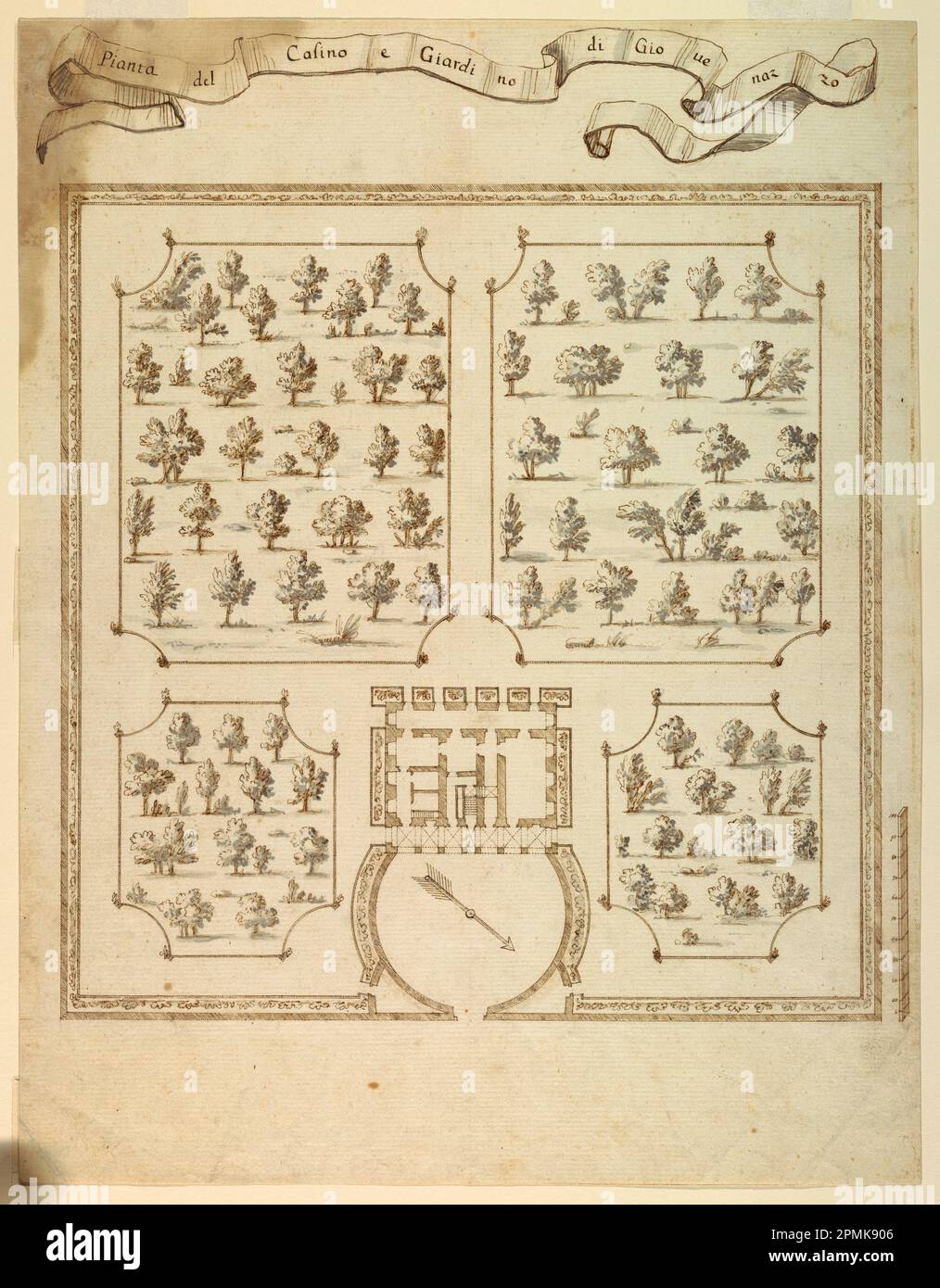 Dessin, Plan du Casino et des Jardins de Giovenazzo; architecte: Inconnu (italien); Italie; stylo et encre brune, support de lavage gris: Papier blanc; 44 x 34,1 cm (17 5/16 x 13 7/16 po.) Tapis : 55,9 x 40,6 cm (22 x 16 po) Banque D'Images