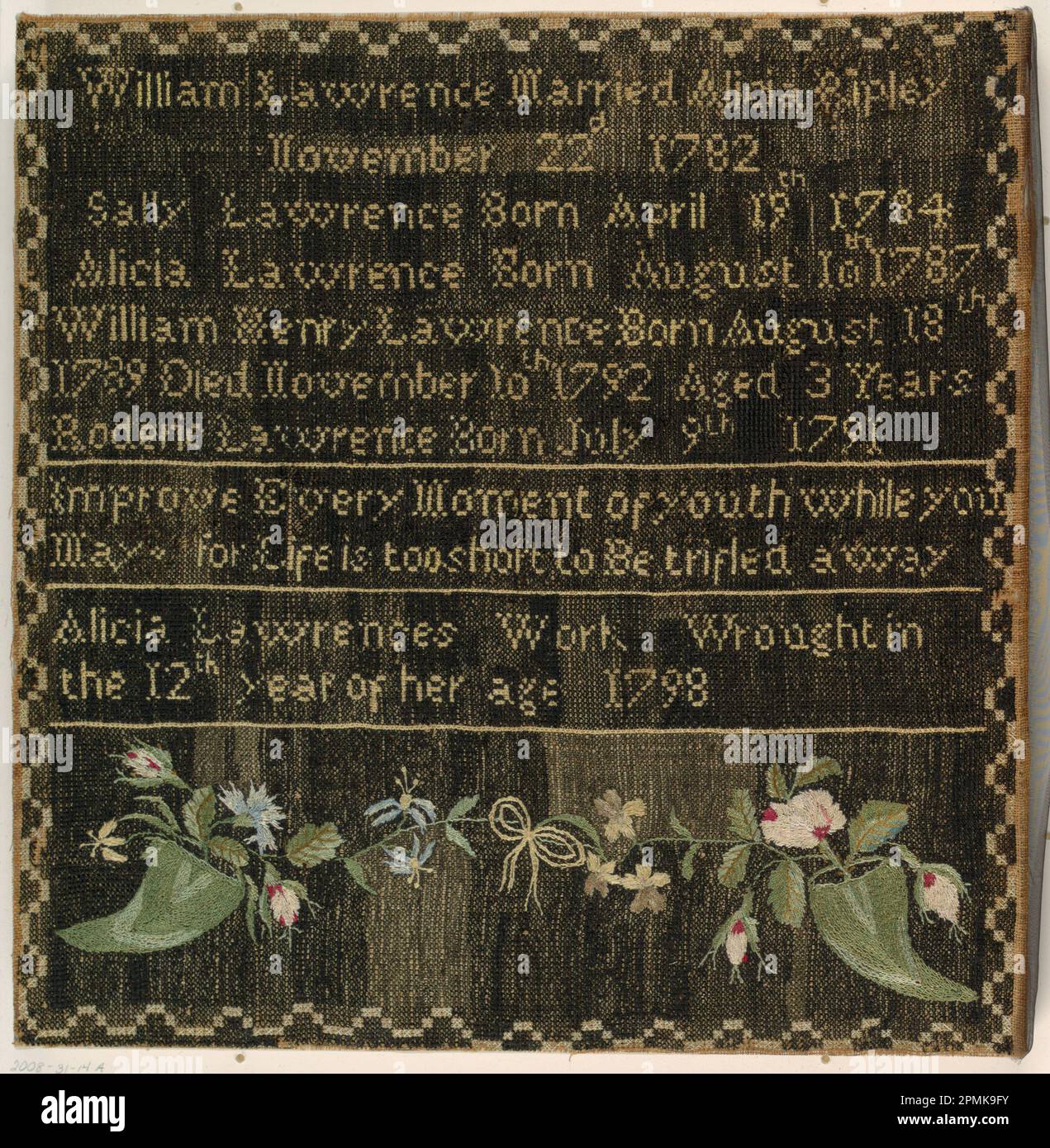Family Register Sampler (USA); brodé par Alicia Lawrence (américain, 1787 - 1866); broderie de soie sur la fondation en lin; cadre H x L x P : 47,6 x 48,9 cm (18 3/4 x 19 1/4 po) Gauchissement x trame (sans cadre) : 41,9 x 41,9 cm (16 1/2 x 16 1/2 po) Banque D'Images