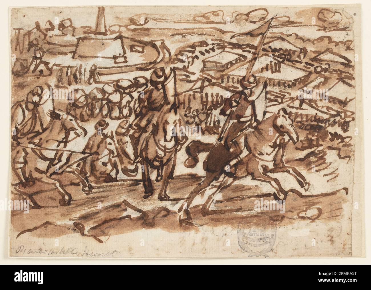 Dessin, la retraite des Turcs après le siège de Vienne, 1529; Jan van der Straet, appelé Stradanus (flamand, 1523–1605); pays-Bas; stylo et encre brune, pinceau et lavage brun sur graphite sur papier ponté; 10,2 × 14,4 cm (4 po. × 5 11/16 po) Banque D'Images