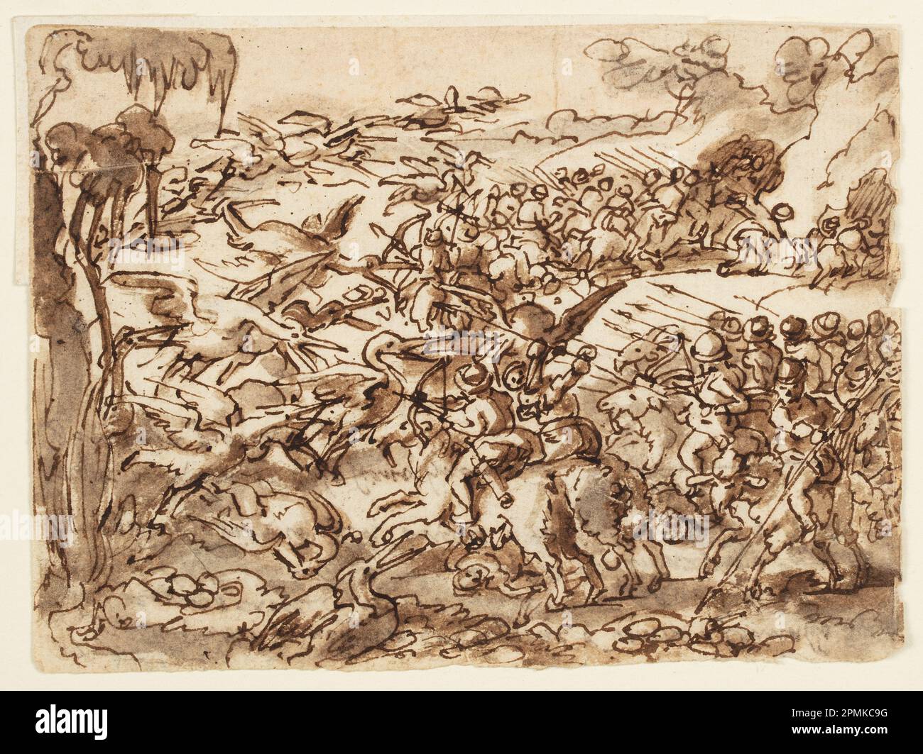 Dessin, combat entre Pygmées et grues; Jan van der Straet, appelé Stradanus (flamand, 1523–1605); gravé par Adriaen Collaert (flamand, ca. 1560 – 1618); publié par Philips Galle (flamand, 1537 - 1612); sujet: Homer (grec (actif 8th ou 9th siècle BCE)), Pliny The Elder (romain, 23 - 79 ce); pays-Bas; stylo et encre brune, pinceau et lavage brun sur papier Banque D'Images