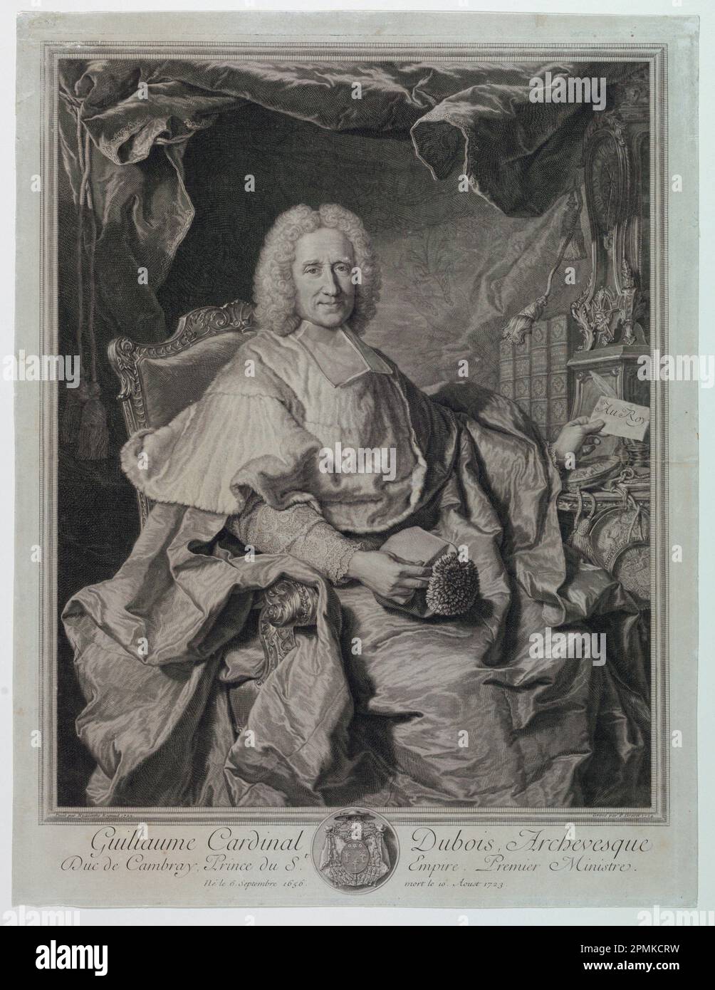 Imprimé, Portrait de Guillaume Cardinal Dubois (1650-1723), 1724; d'après Hyacinthe Rigaud (français, 1659 - 1743); France; gravure sur papier; plaque: 48,2 × 35,9 cm (19 po. × 14 1/8 po) Papier : 49,7 × 38,3 cm (19 9/16 × 15 1/16 po); legs de George Campbell Cooper; 1896-3-228 Banque D'Images