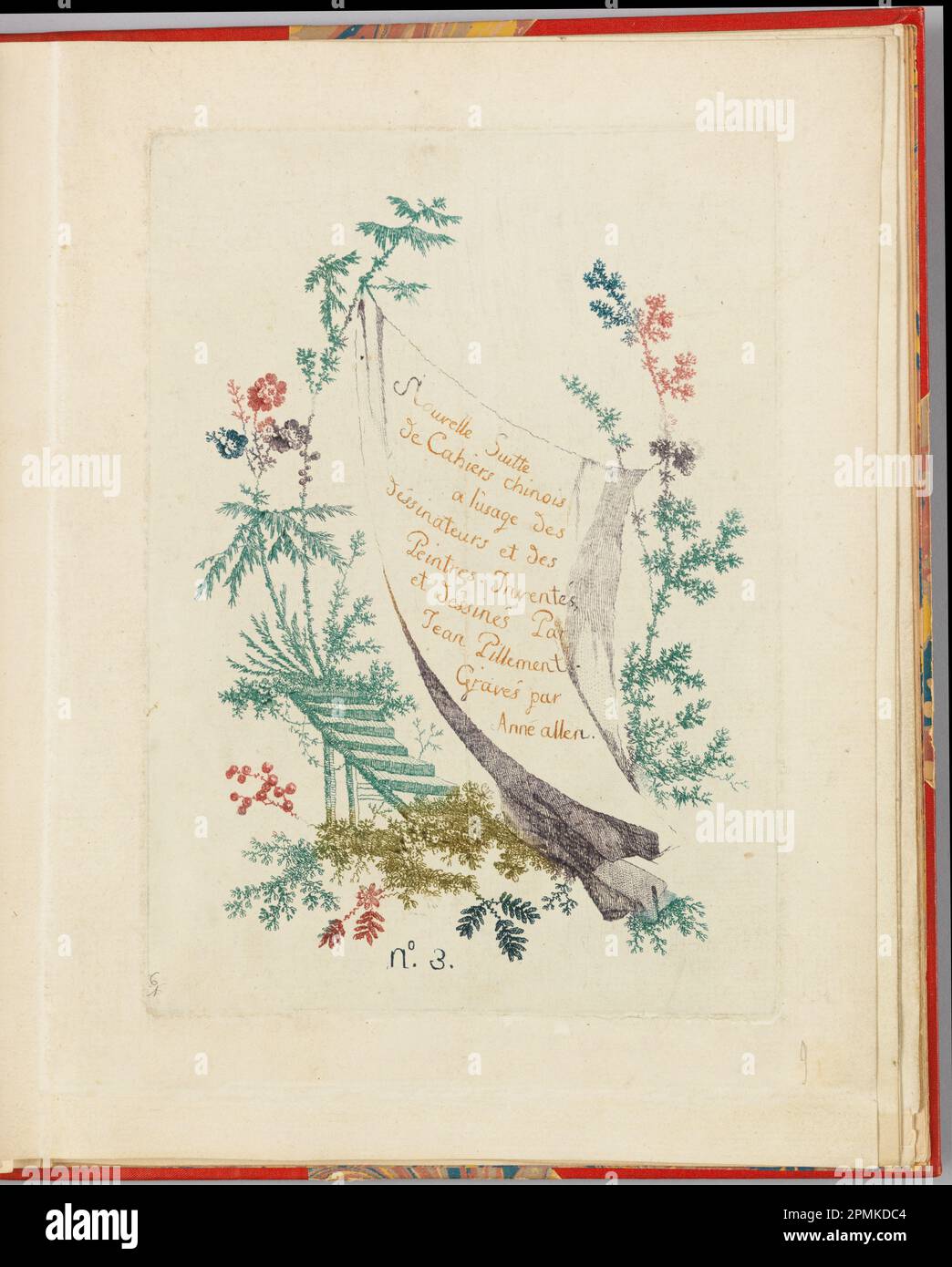 Print, Title page, plate 1 from 'Nouvelle suite de cahiers chinois a l'usage des dessinateurs et des peintres' No.3, investissements et dessines par Jean Pillement. Tombes par Anne Allen.; conçu par Jean-Baptiste Pillement (français, 1728–1808); imprimé par Anne Allen (anglais, France active, env. 1750–1810) ; France ; gravure avec encres colorées à la poupé sur papier blanc cassé ; 19,3 x 13,7 cm (7 5/8 x 5 3/8 po) Marq. Plateau : 19,3 x 13,7 cm (7 5/8 x 5 3/8 po.) 23,5 x 18,5 cm (9 1/4 x 7 5/16 po) Support : 24,8 x 19,9 cm (9 3/4 x 7 13/16 po.) Banque D'Images