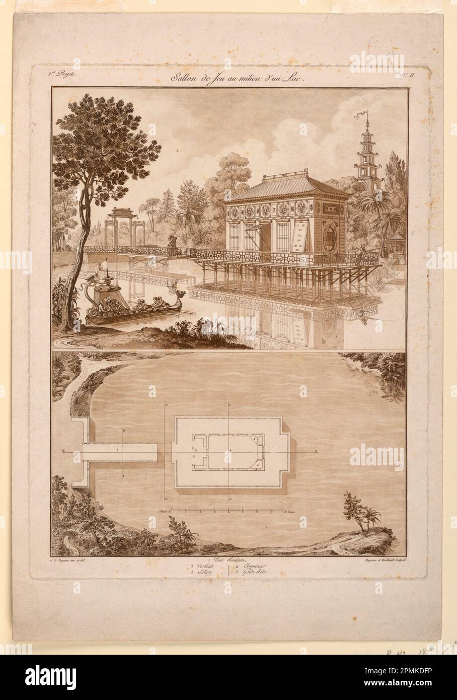 Imprimé, Design pour un pavillon chinois dans un lac; conçu par Jean Démosthène Dugourc (français, 1749–1825); France; aquatint sur papier à l'encre brune; assiette: 34,4 × 26,7 cm (13 9/16 × 10 1/2 po) Papier : 42,2 × 29,1 cm (16 5/8 × 11 7/16 po) Banque D'Images