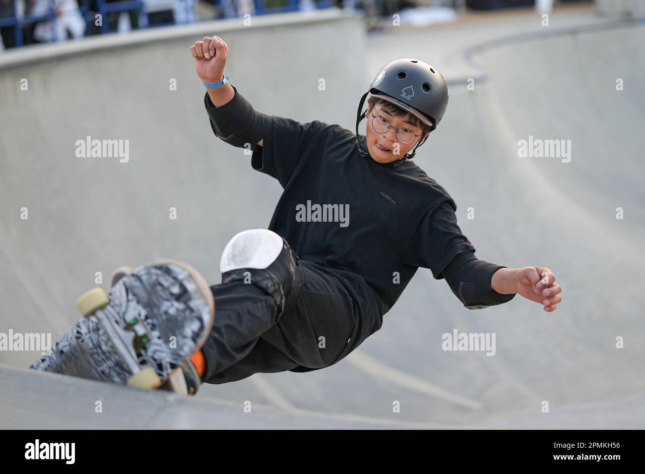 Ibaraki, Japon. 13th avril 2023. Alors, le Skateboarding d'Umezawa : le Skateboarding de 2nd au Japon OUVERT pour hommes qualification au parc Murasaki Kasama à Ibaraki, Japon . Credit: AFLO SPORT/Alay Live News Banque D'Images
