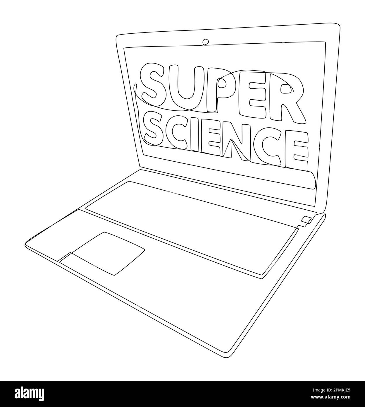 Une ligne continue d'ordinateurs portables avec Super Science Word. Concept de vecteur d'illustration à trait fin. Dessin de contour idées créatives. Illustration de Vecteur